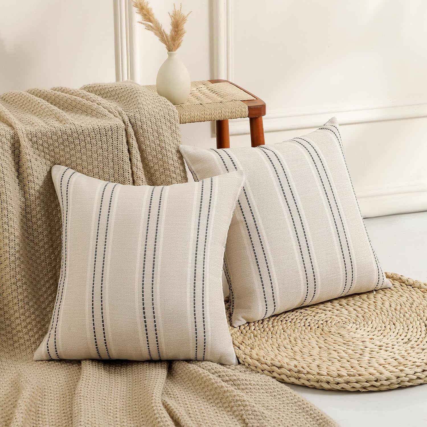 Throw Pillow Covers 20x20 Set of 2 Striped Pillow Covers Textured Linen Decorative Pillows Square Cushion Covers for Sofa Couch Bed Living Room Farmhouse Decor, Grey - Image 3