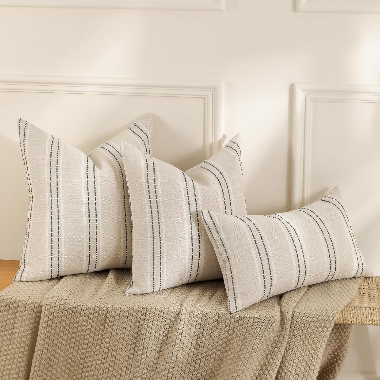 Throw Pillow Covers 20x20 Set of 2 Striped Pillow Covers Textured Linen Decorative Pillows Square Cushion Covers for Sofa Couch Bed Living Room Farmhouse Decor, Grey - Image 4