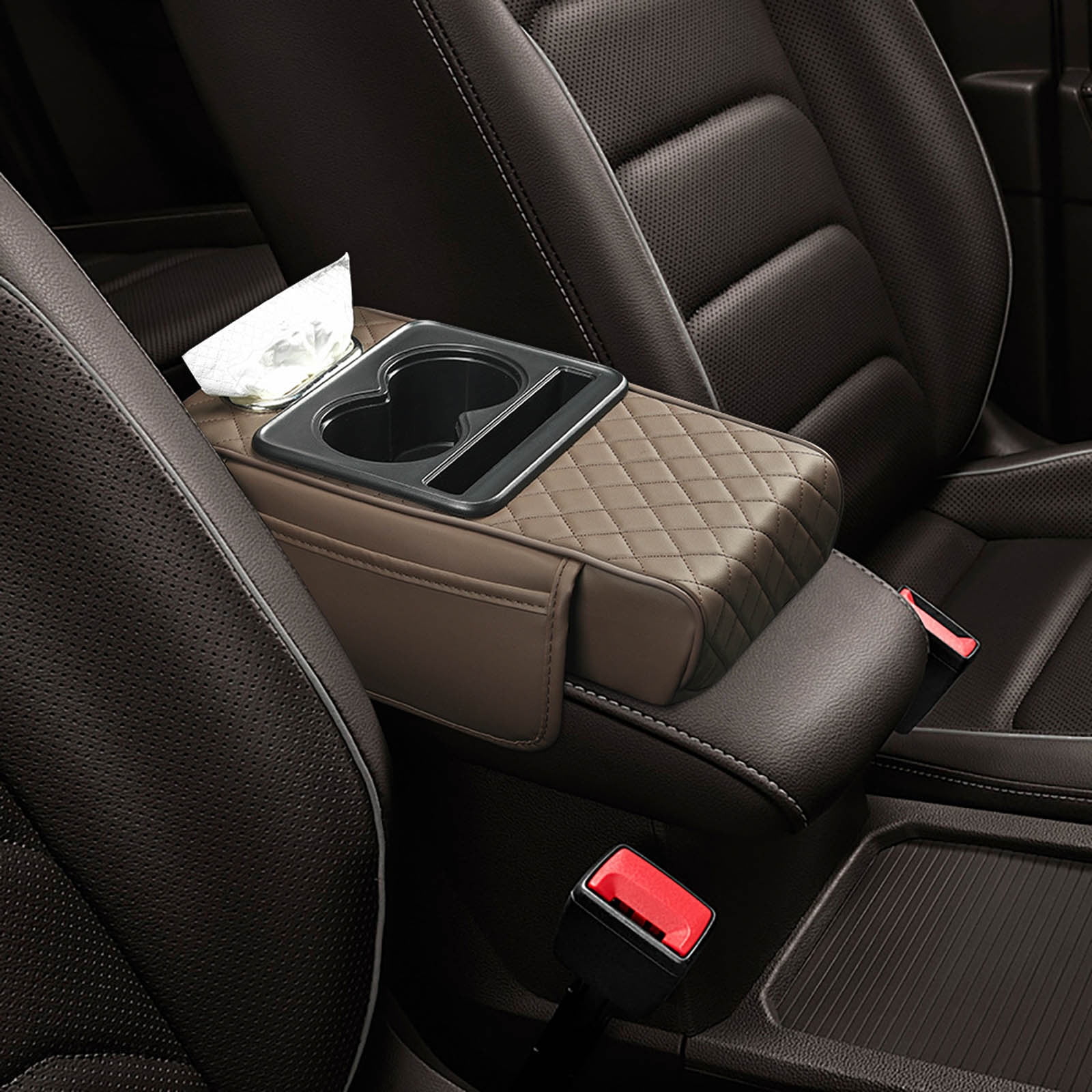 Car Center Console Armrest Pillow, Memory Foam Auto Armrest Box Cover with Cup Holder and Phone Holder, Waterproof Leather Arm Rest Protector Cushion, Car Tissue Box, Interior Car Accessories Black - Image 4