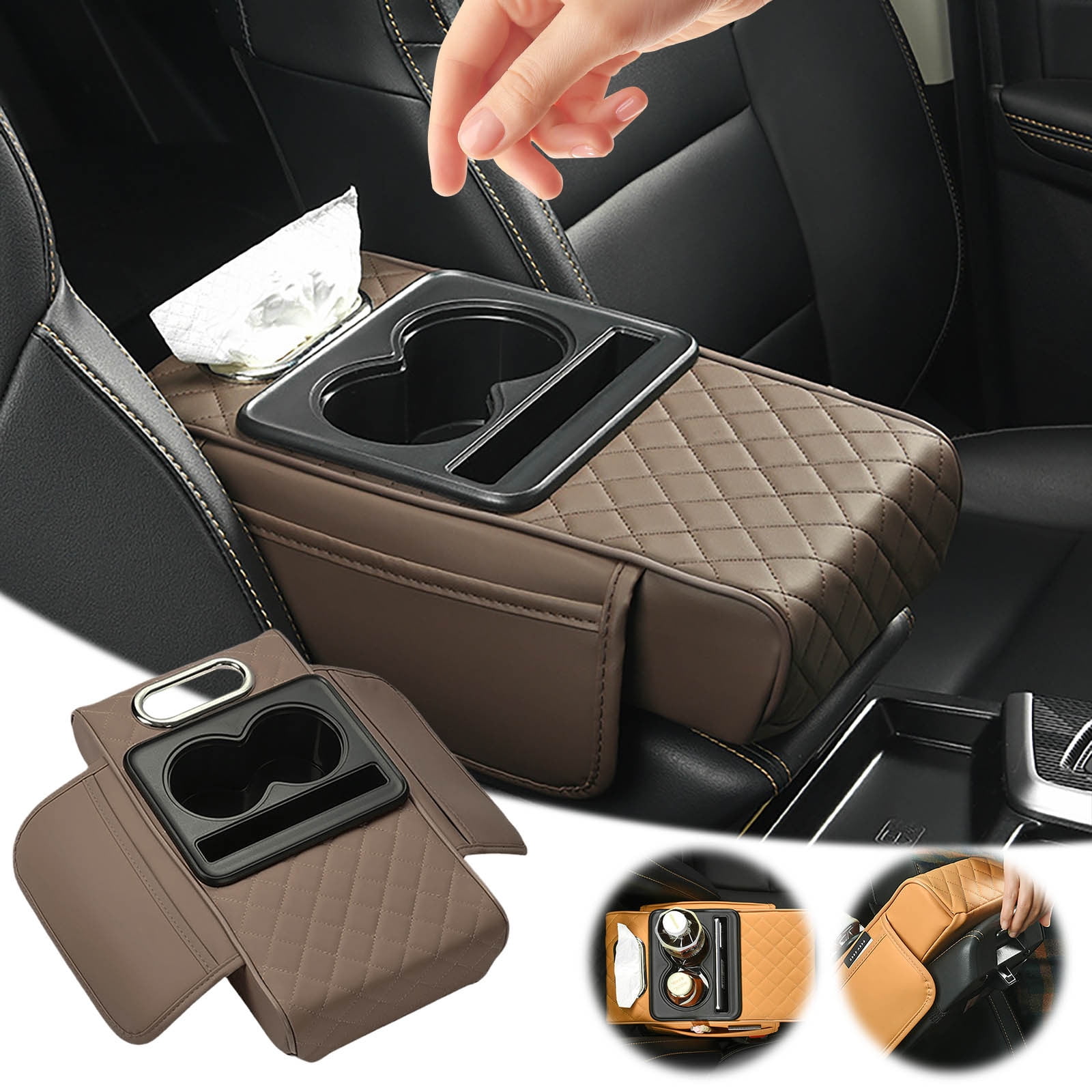 Car Center Console Armrest Pillow, Memory Foam Auto Armrest Box Cover with Cup Holder and Phone Holder, Waterproof Leather Arm Rest Protector Cushion, Car Tissue Box, Interior Car Accessories Coffee - Image 1