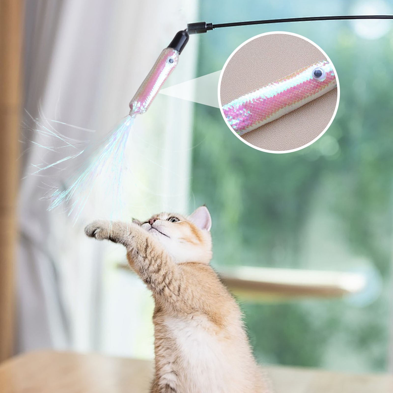 Cat Wand Toy, Replacement Head Tassel Cats Rod Accessories, Replaceable Colorful Rainbow Tassels, Funny and Interesting Cat Toys, for Indoor Cats, Pet Supplies (1 Replacement Head) Silver - Image 1