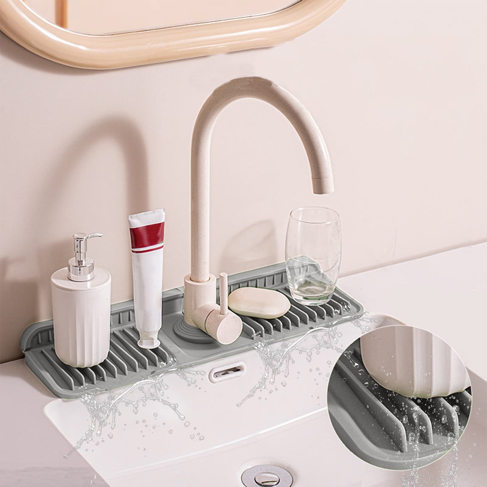 Silicone Sink Splash Guard, Kitchen Sink Accessory with Drip Tray, Button Style Silicone Faucet Drains Mat, Bathroom Kitchen Splashs Guard Countertop Storage Mat Gray - Image 4