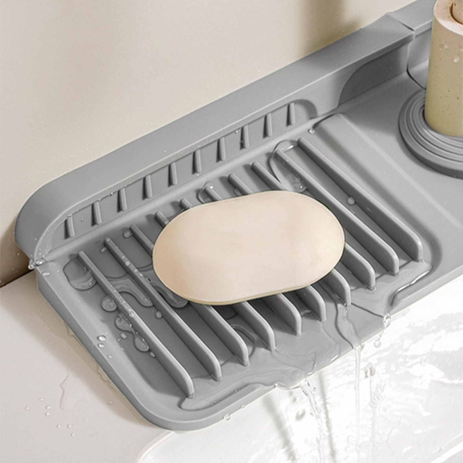 Silicone Sink Splash Guard, Kitchen Sink Accessory with Drip Tray, Button Style Silicone Faucet Drains Mat, Bathroom Kitchen Splashs Guard Countertop Storage Mat Gray - Image 5
