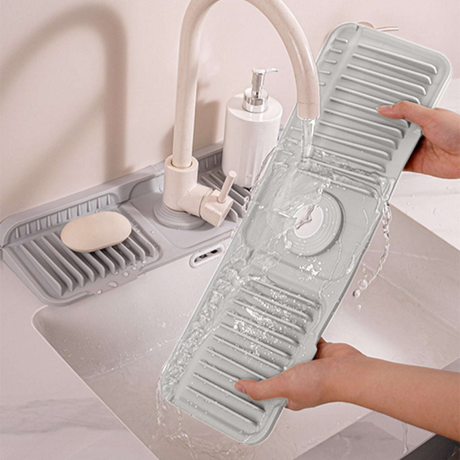 Silicone Sink Splash Guard, Kitchen Sink Accessory with Drip Tray, Button Style Silicone Faucet Drains Mat, Bathroom Kitchen Splashs Guard Countertop Storage Mat Green - Image 1