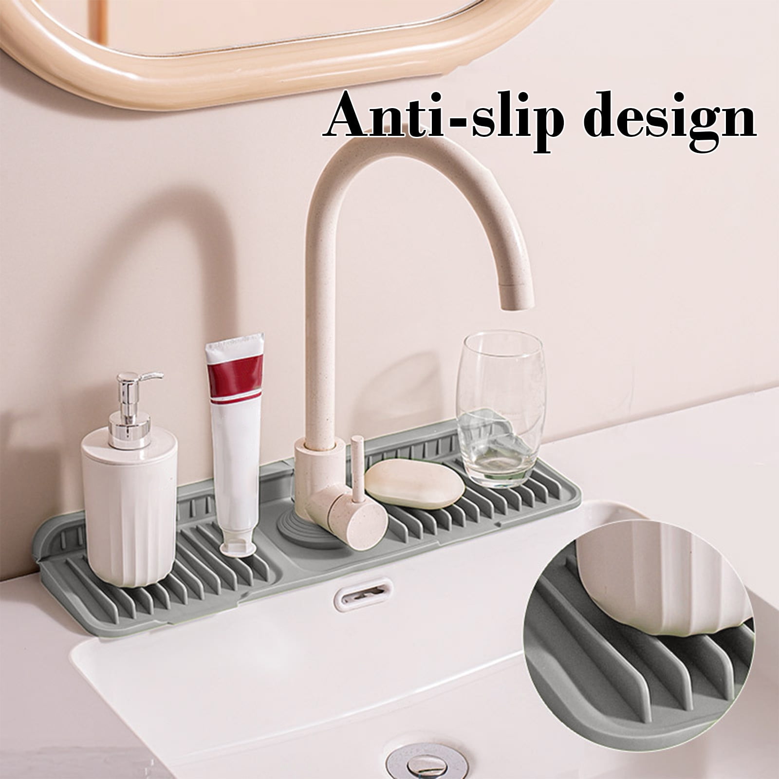 Silicone Sink Splash Guard, Kitchen Sink Accessory with Drip Tray, Button Style Silicone Faucet Drains Mat, Bathroom Kitchen Splashs Guard Countertop Storage Mat Pink - Image 6
