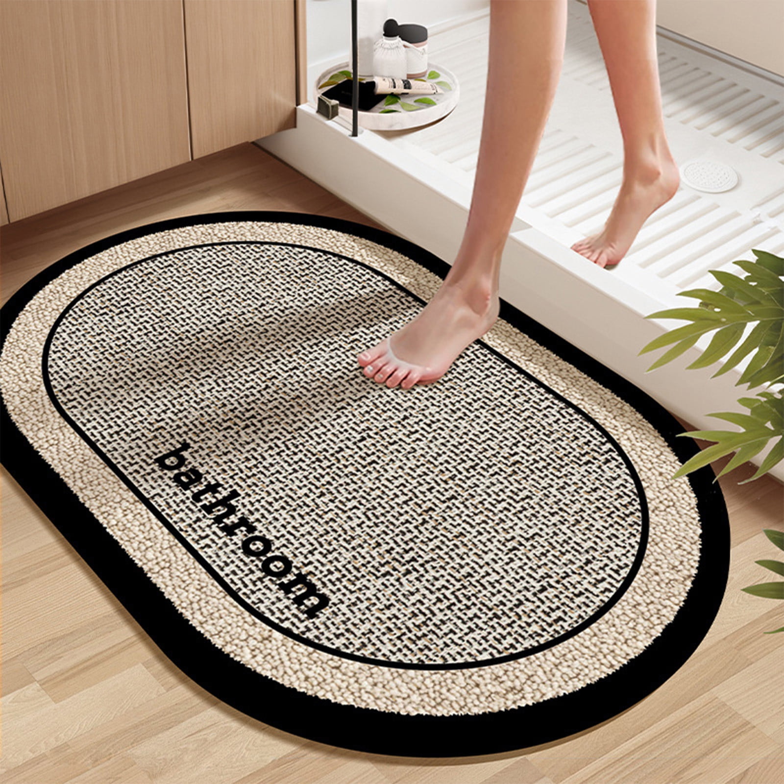 Thin Bath Mat, Super Absorbent Quick Dry Thin Bathroom Rugs, Elliptical Bath Antis-skids Mat, Fit Under Door, Non Slip Rubber Backed Mat, Washable Bathroom Floor Mats Black - Image 1