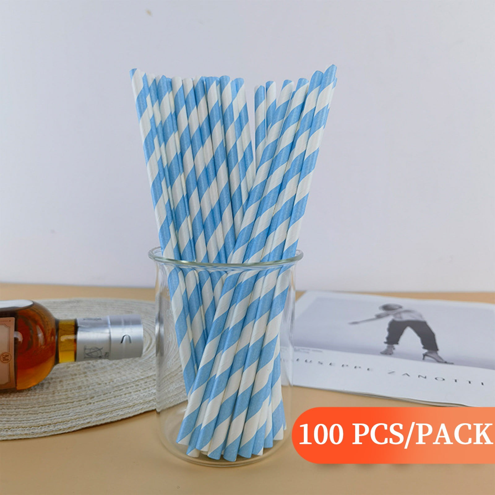 100Pcs Paper Disposable Straws, Red and White Striped Paper Straws, Biodegradable Disposable Drinking Straws for Smoothie, Brithday, New Year, Party Decoration Supplies Orange - Image 1