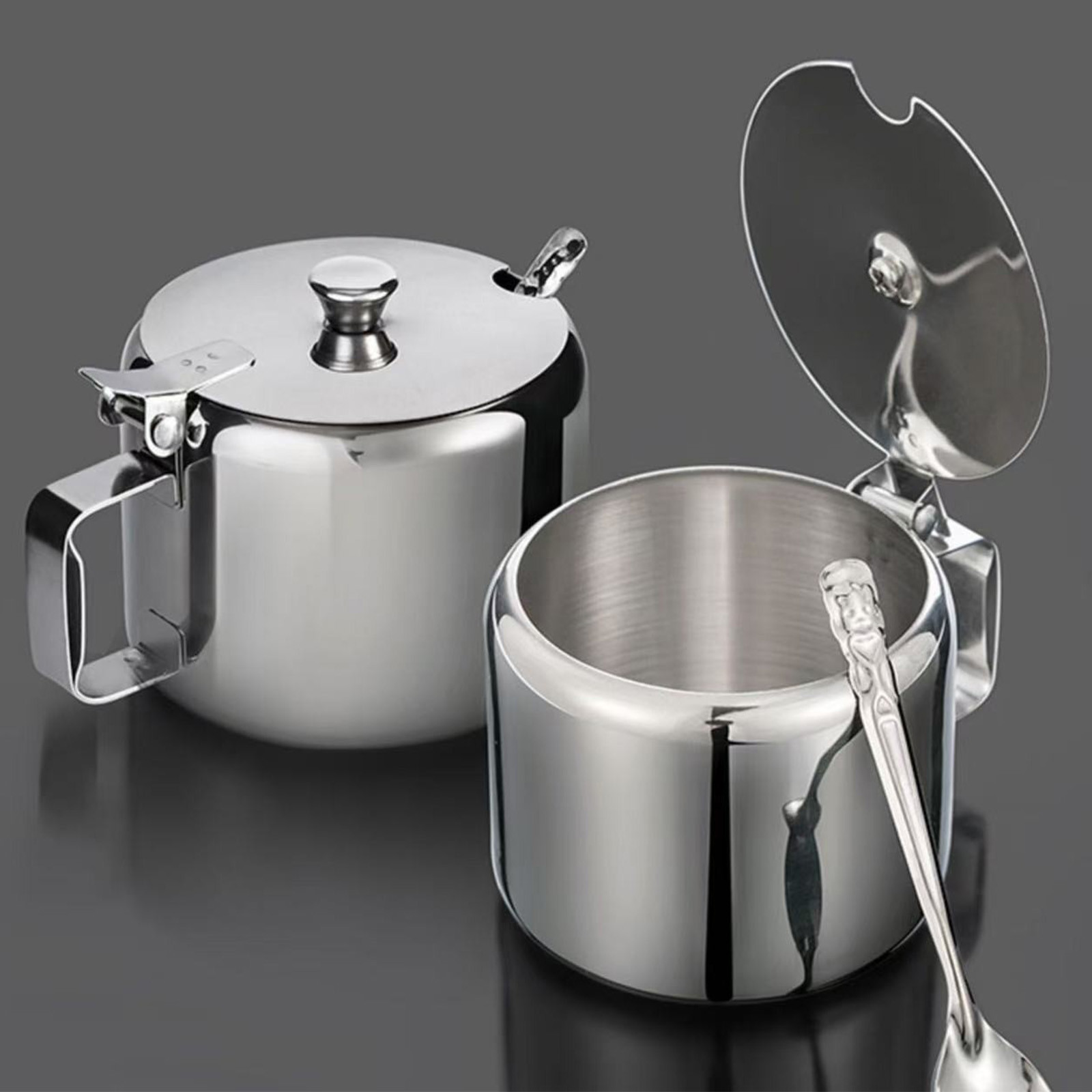 Sugar Bowl with Lid and Spoon, Stainless Steel Sugar Creamer Container, Round Seasoning Jar, Durable Seasoning Jar, for Coffee Bar Accessories, Kitchen Food Storage Jar L - Image 6