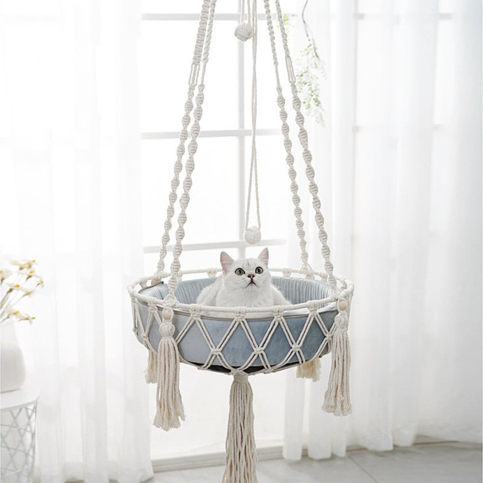 Macrame Cat Hammock, Handwoven Cats Bed, Hanging Indoor Boho Kitten Swing Beds, Hanging Cats Bed, Kitty Hanging Basket, for Playing Sleeping Climbing and Lounging White - Image 1