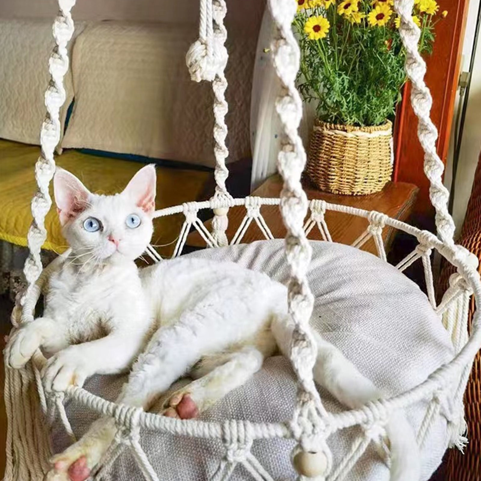 Macrame Cat Hammock, Handwoven Cats Bed, Hanging Indoor Boho Kitten Swing Beds, Hanging Cats Bed, Kitty Hanging Basket, for Playing Sleeping Climbing and Lounging White - Image 3