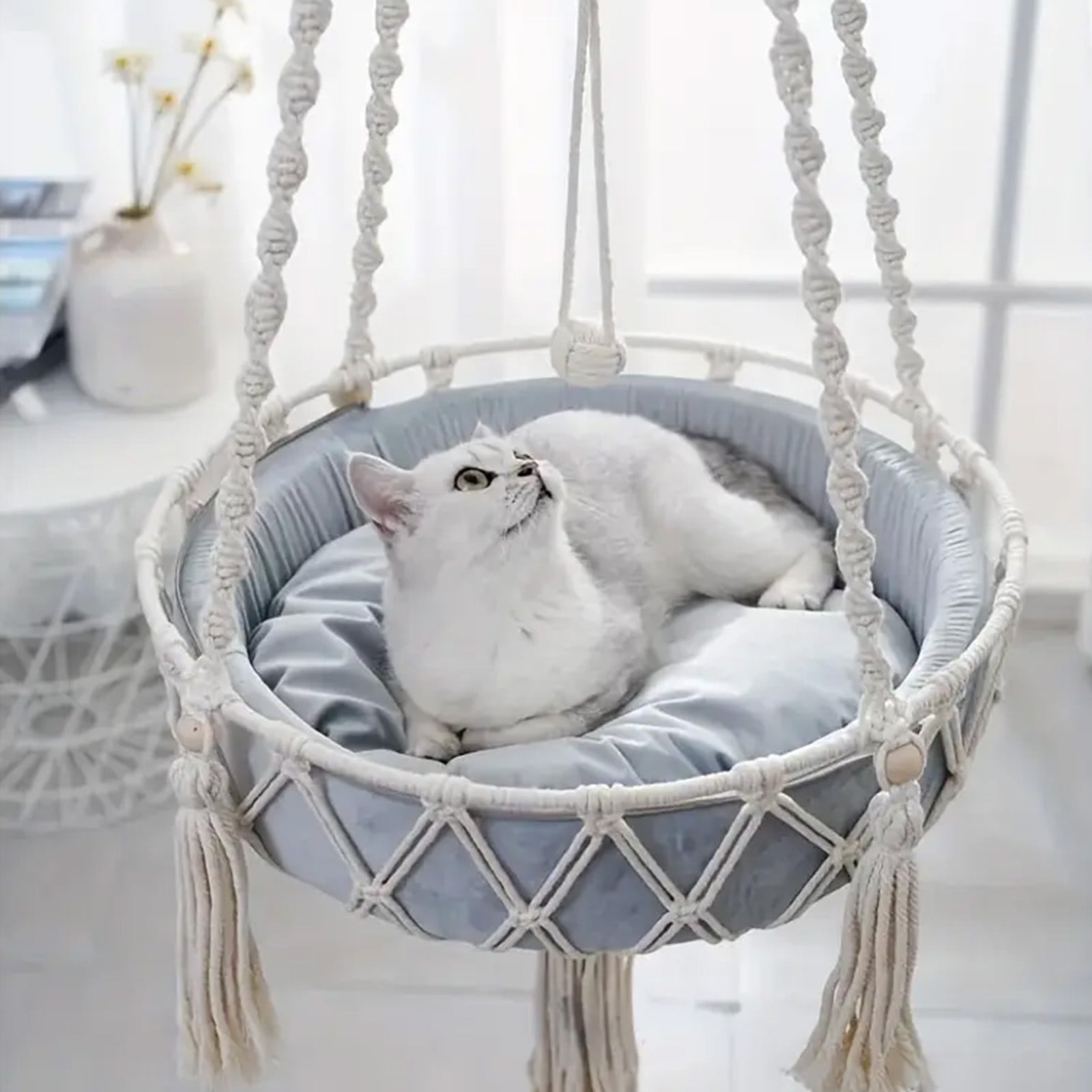 Macrame Cat Hammock, Handwoven Cats Bed, Hanging Indoor Boho Kitten Swing Beds, Hanging Cats Bed, Kitty Hanging Basket, for Playing Sleeping Climbing and Lounging White - Image 4