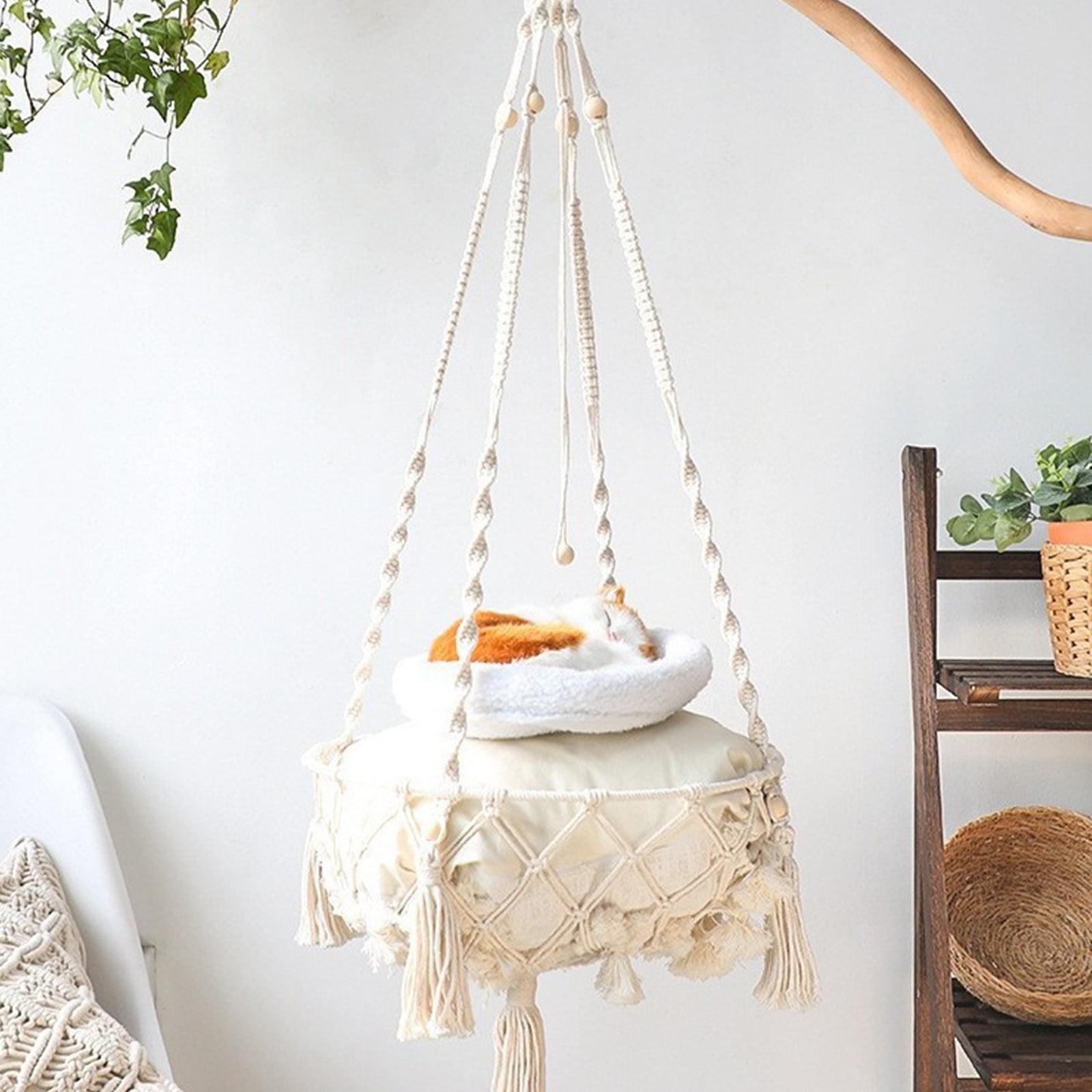 Macrame Cat Hammock, Handwoven Cats Bed, Hanging Indoor Boho Kitten Swing Beds, Hanging Cats Bed, Kitty Hanging Basket, for Playing Sleeping Climbing and Lounging White - Image 5
