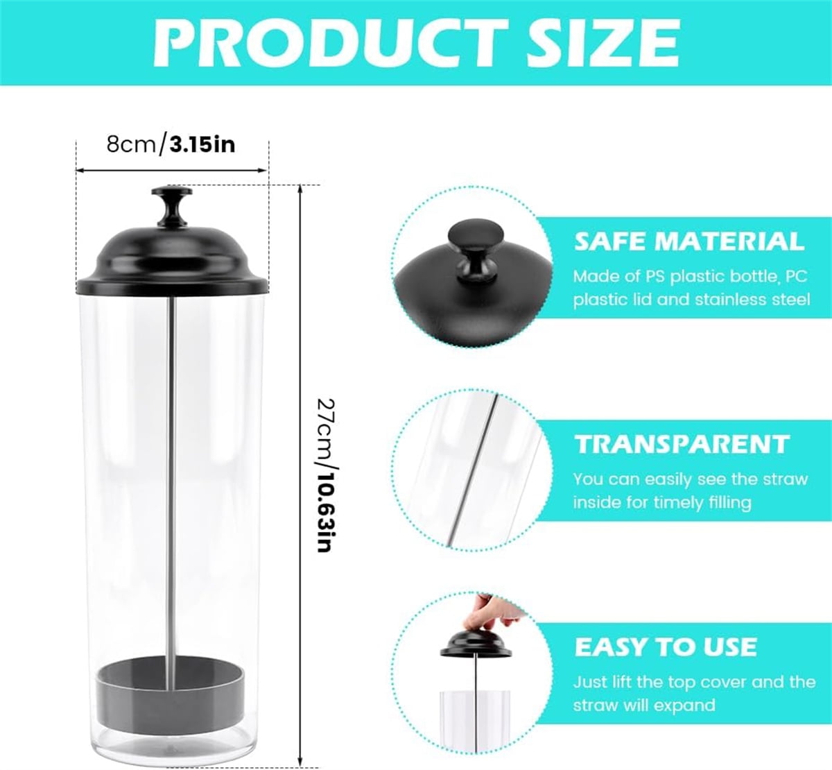10.6 in Straw Dispenser with Lid, Tutuviw Plastic Straw Holder for Counter, Drinking Straw Organizer Container Transparent Straw Holder for Most Straws, Black (Straws Not Include) - Image 2