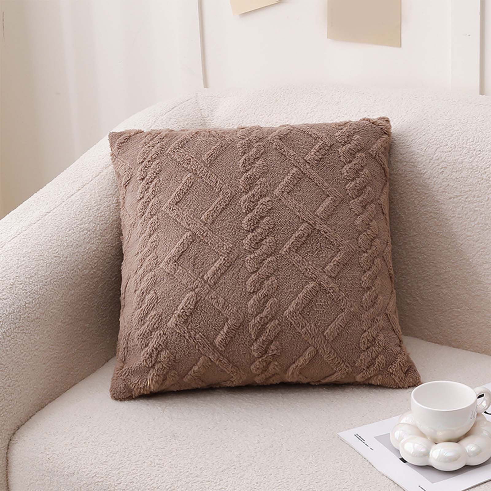 Summer Throw Pillows, Geometric Jacquard Plush Throw Pillow for Couch Bed Sofa, Farmhouse Neutral Solid Color Soft Cushion, Plush Short Wool Throw Pillow, for Living Room Bedroom Bed, 1Pc Brown - Image 1