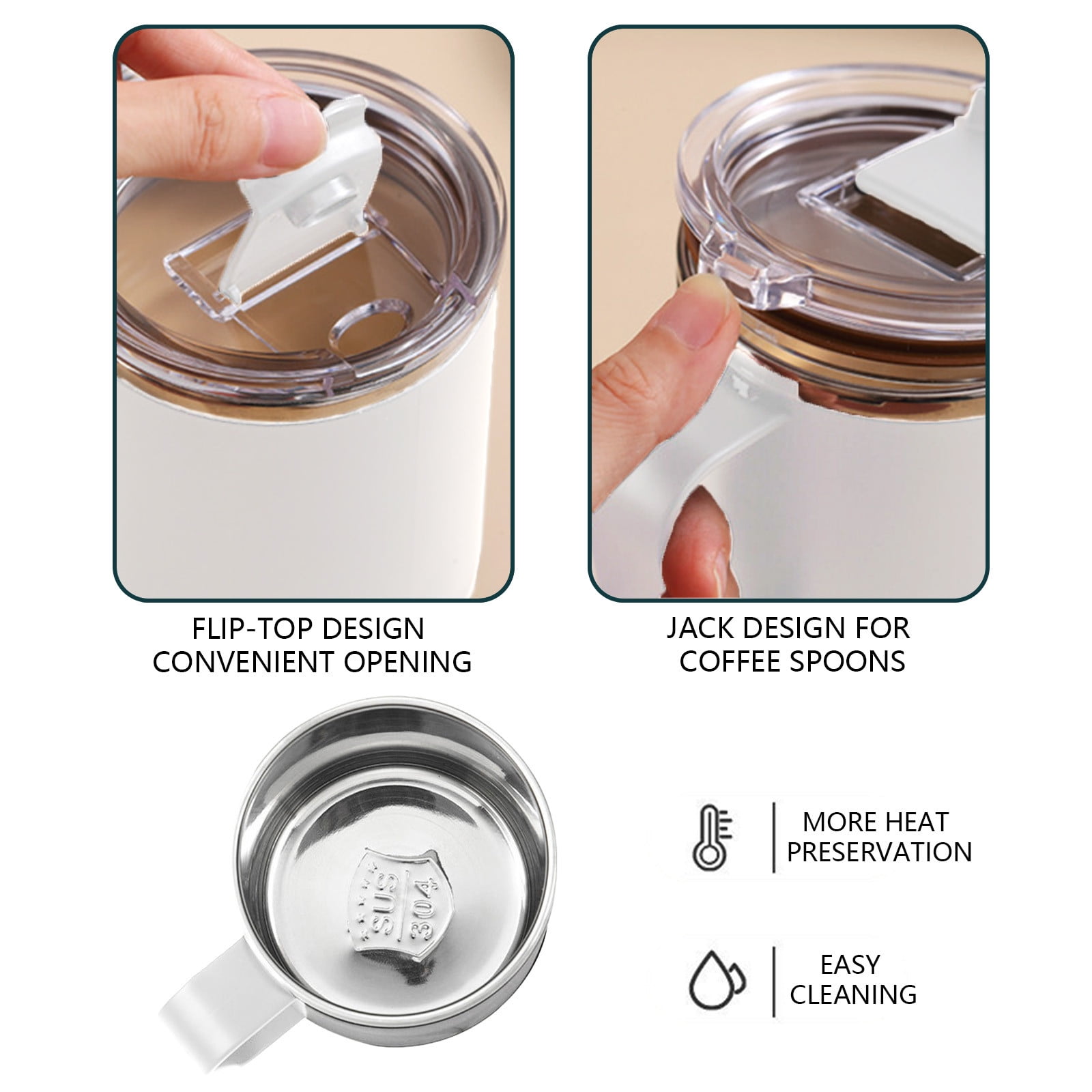 Insulated Stainless Steel Coffee Mug with Leakproof Lid, Double Wall Vacuum Travel Coffee Cup with Handle, Reusable Metal Cups Tumbler, Camping Mugs Keep Hot/Cold, Gifts White - Image 6