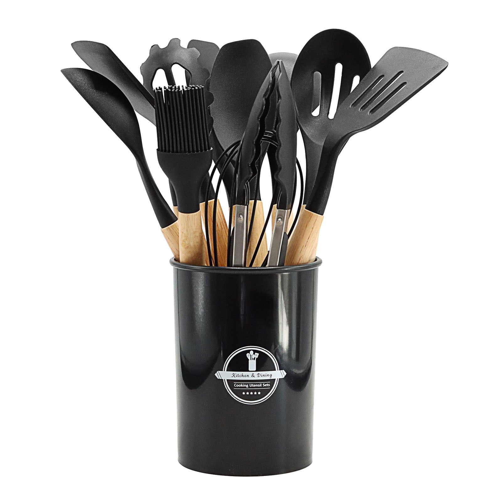 Silicone Cooking Utensils Set, Silicone Kitchen Utensils, with Wooden Handles, Heat Resistant Kitchen Utensil Spatula Sets Holder, Gadgets for Non-Stick Cookware, 12-piece Kitchenware Set Black - Image 1