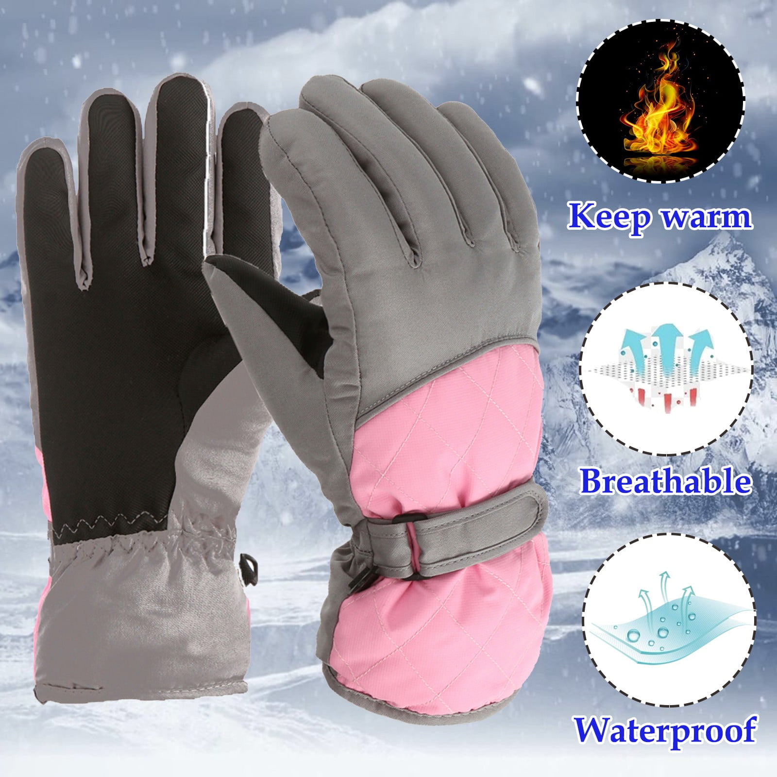 GXWEA 2T Gloves Kids Waterproof Gloves Kids Gloves Winter Gloves Thick Gloves Stretchy Warm Gloves Boys Girls 6-11 Year 10-16 Year AHA2 kids snow gloves Pink - Image 2