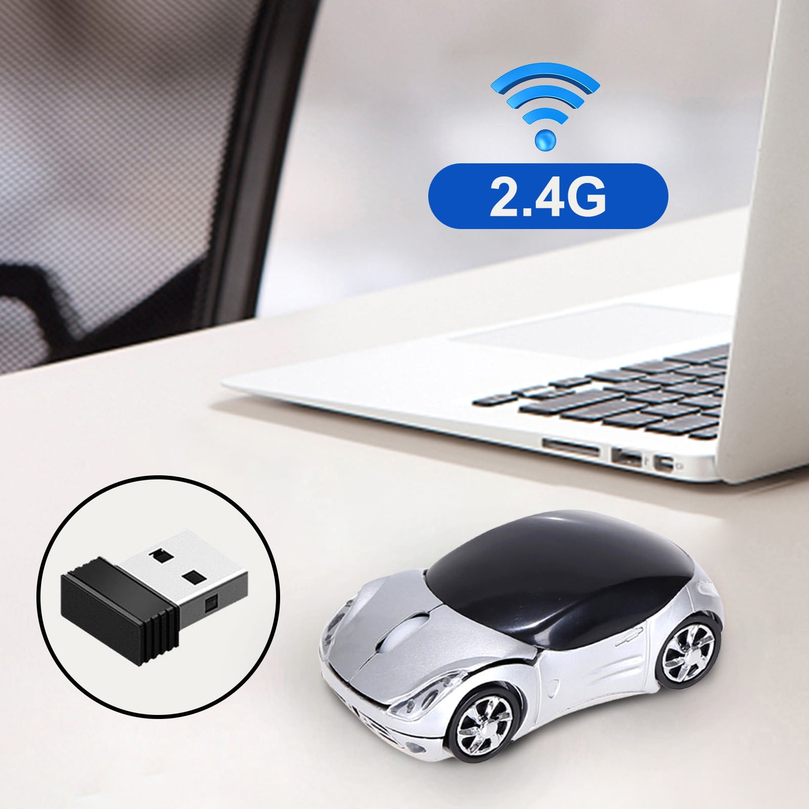 2.4G Wireless Mouse, Cute Car Mouse, 2.4G Wireless (10m Range) and USB Plug and Play, 1200DPI Optical Tracking, for PC Computer Laptop Tablet, with LED Light Silver - Image 1