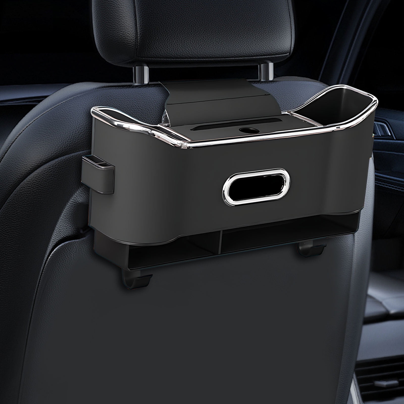 Backseat Car Organizer, Back Seat Cup Holders for Cars, Multifunctional Car Organizers and Storage, Car Seat Organizer, Car Tissue Organizer with 2 Cup Holder, for Glasses Phones Keys and Cards Black - Image 1