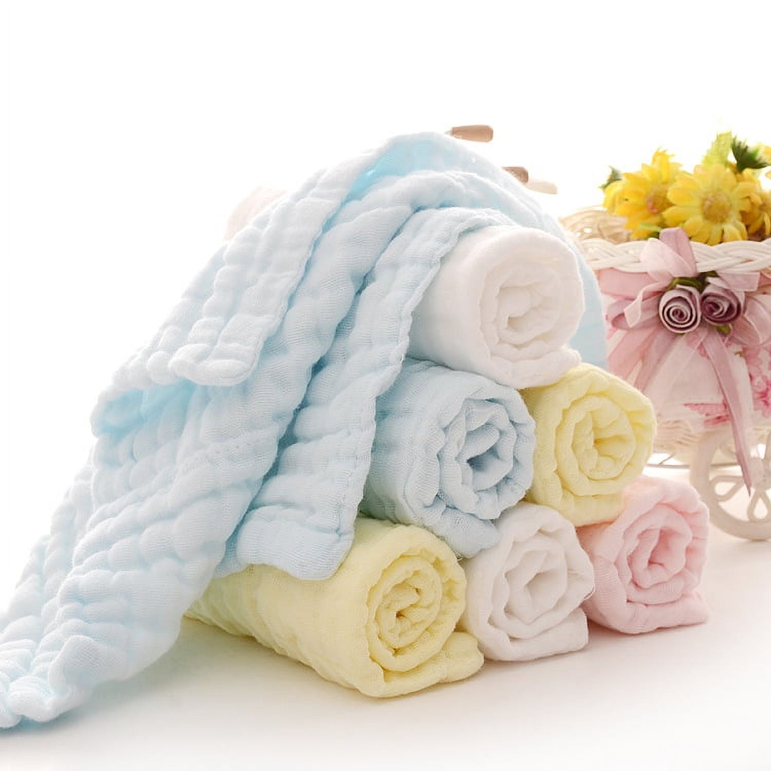 10PCS Muslin Cotton Baby Towel Soft Baby Bath Towel Multicolor Newborn Washcloths and Towels white & pink & blue & green & yellow - Image 1