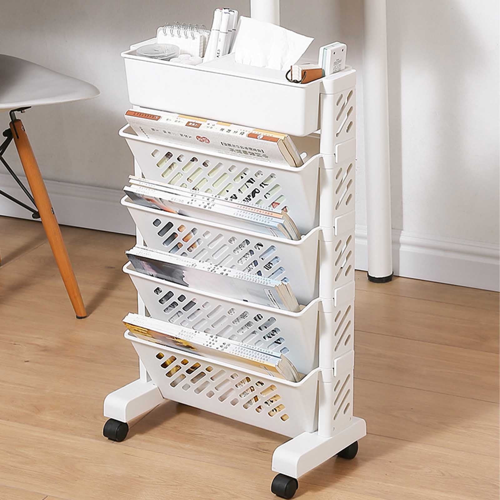 Mobile Bookshelf, Plastic Rolling Organization Shelf, Practical Rotatable for Home, Movable Bookcase with Wheels, Floor Shelf, Book Stand Trolley, Plastic Mobile Bookshelf Organizer White - Image 1