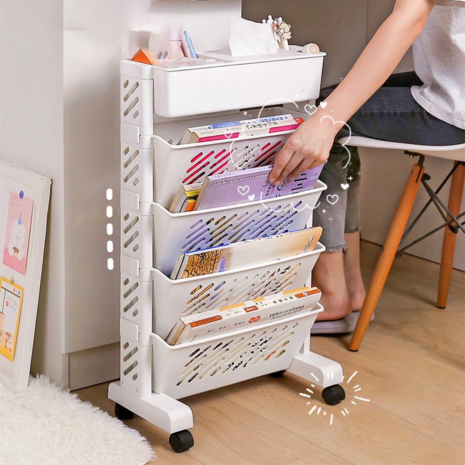 Mobile Bookshelf, Plastic Rolling Organization Shelf, Practical Rotatable for Home, Movable Bookcase with Wheels, Floor Shelf, Book Stand Trolley, Plastic Mobile Bookshelf Organizer White - Image 5