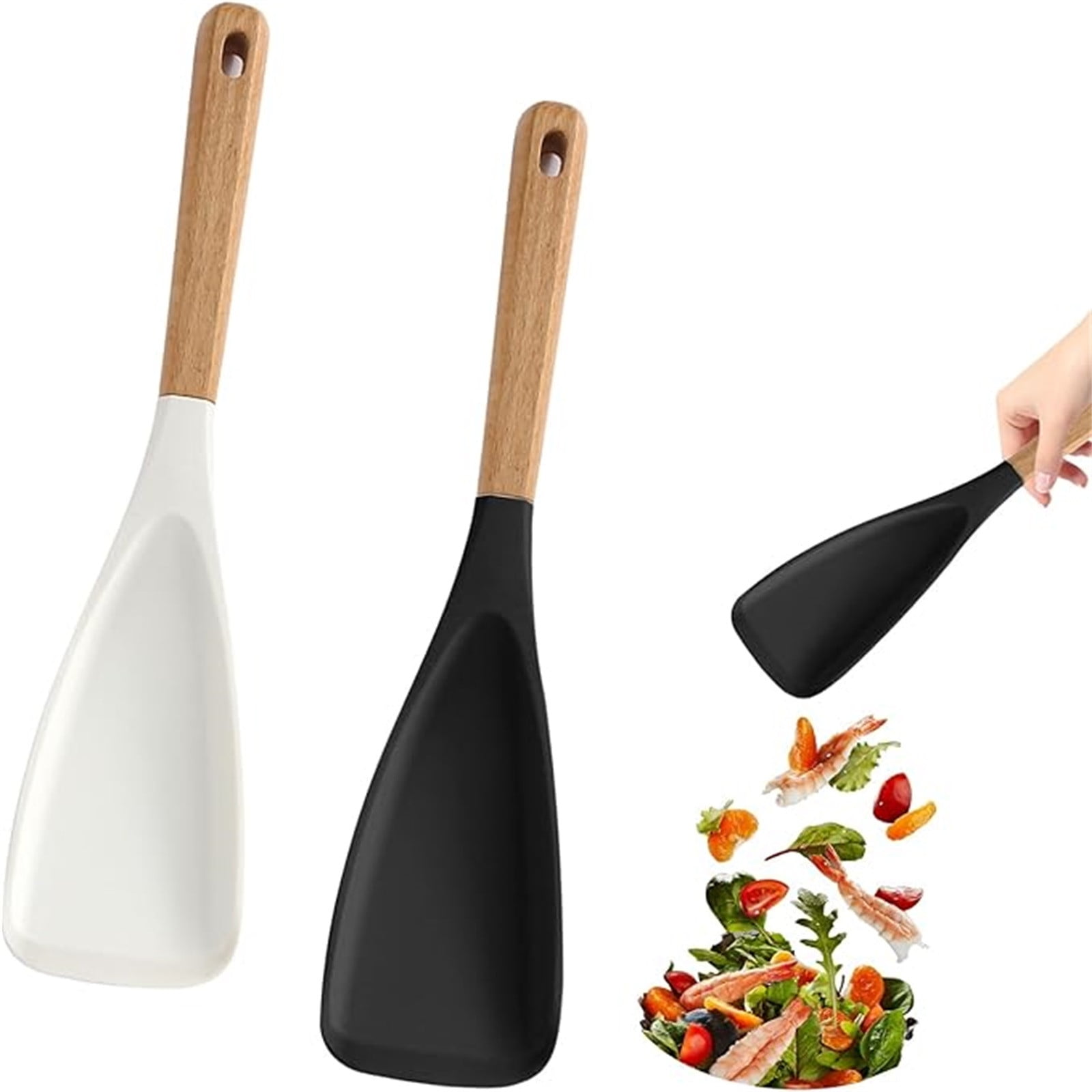 Cooking Spoon for Nonstick Cookwares, Multi-functional Silicone Cooking Shovel with Wooden Handle, Silicone Salad Spatula Kitchen Utensils for Mixing Scrape Black - Image 1