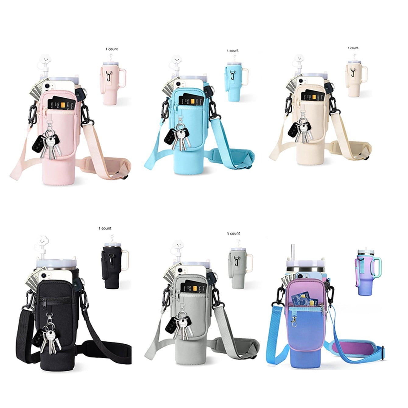 Water Bottle Carrier Bag with Phone Pocket, for Tumbler Water Bottle Holder Pouch with Adjustable Strap Bollus, with Straw Cover and Carabiner, for Cup Accessories,40oz Beige - Image 2