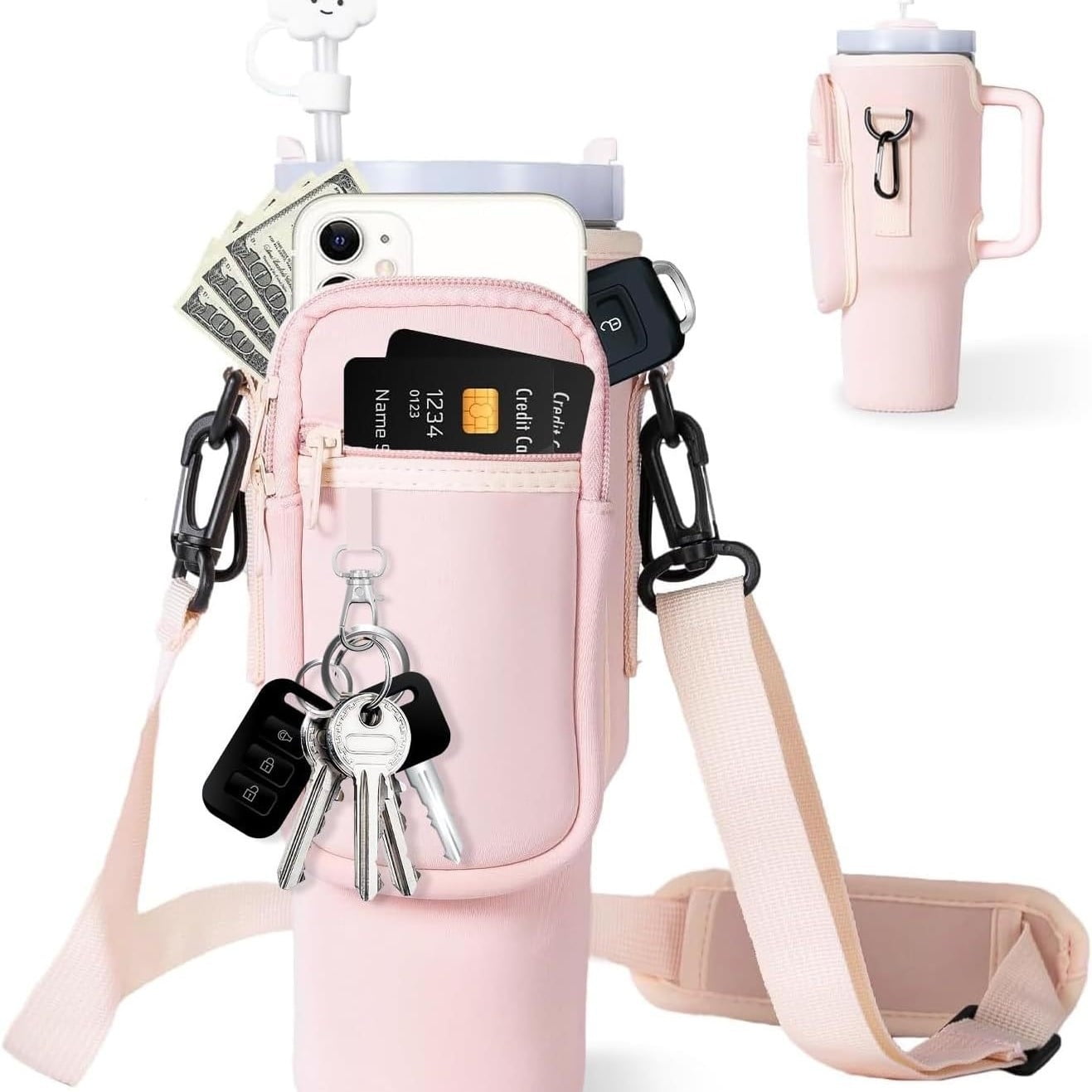 Water Bottle Carrier Bag with Phone Pocket, for Tumbler Water Bottle Holder Pouch with Adjustable Strap Bollus, with Straw Cover and Carabiner, for Cup Accessories,40oz Gray - Image 1