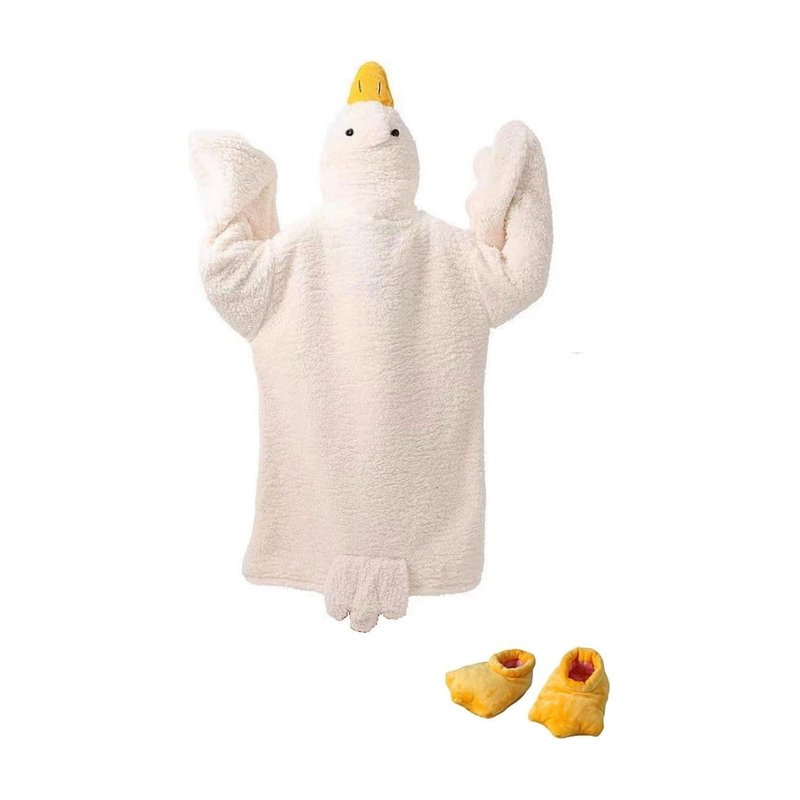 Goose Blanket Hoodie Onesie, Large Warm Wearable Flannel Blankets with Sleeves and Gooses Feet Slippers, for Festival Home Party Holiday Indoor M White - Image 1