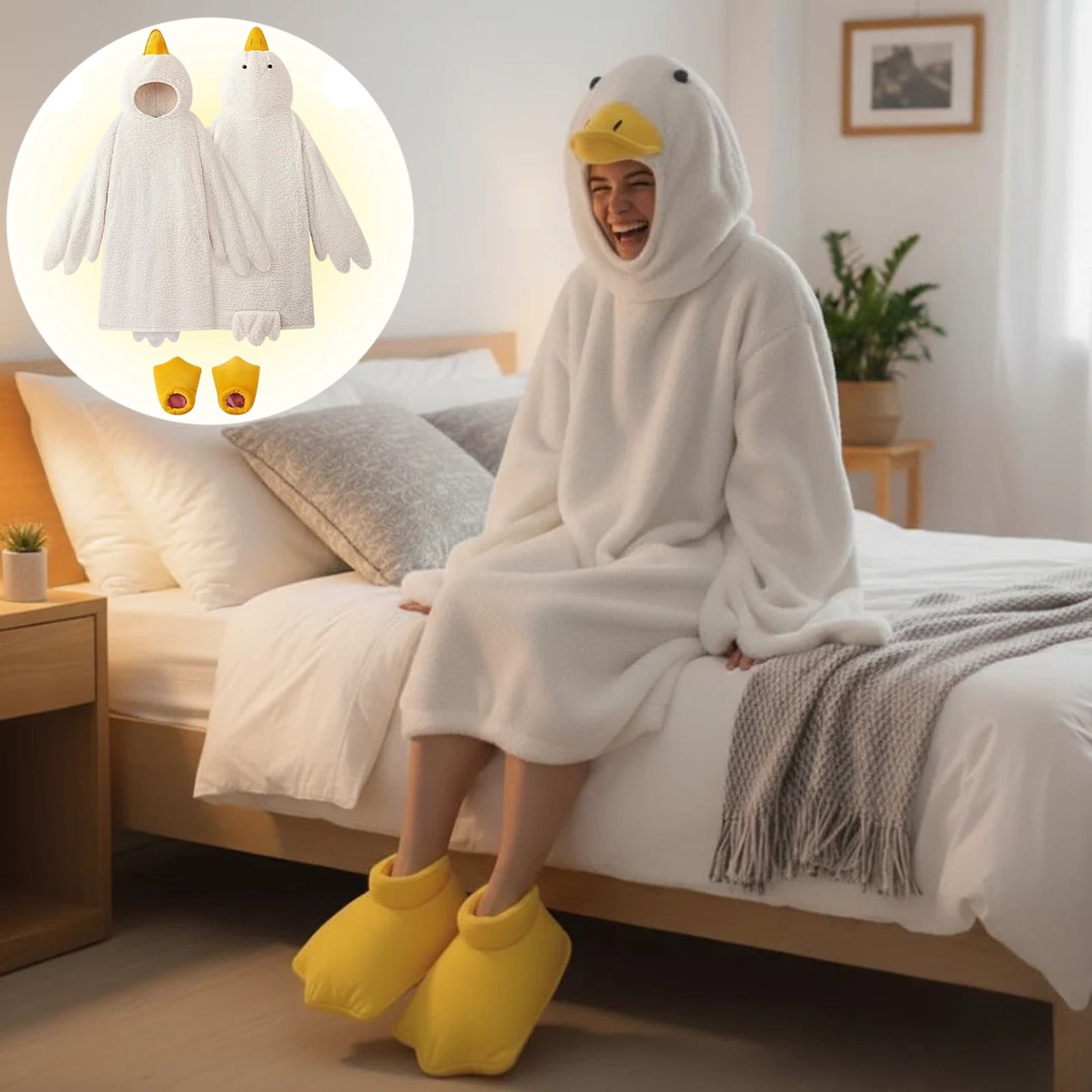 Goose Blanket Hoodie Onesie, Large Warm Wearable Flannel Blankets with Sleeves and Gooses Feet Slippers, for Festival Home Party Holiday Indoor XXL White - Image 3
