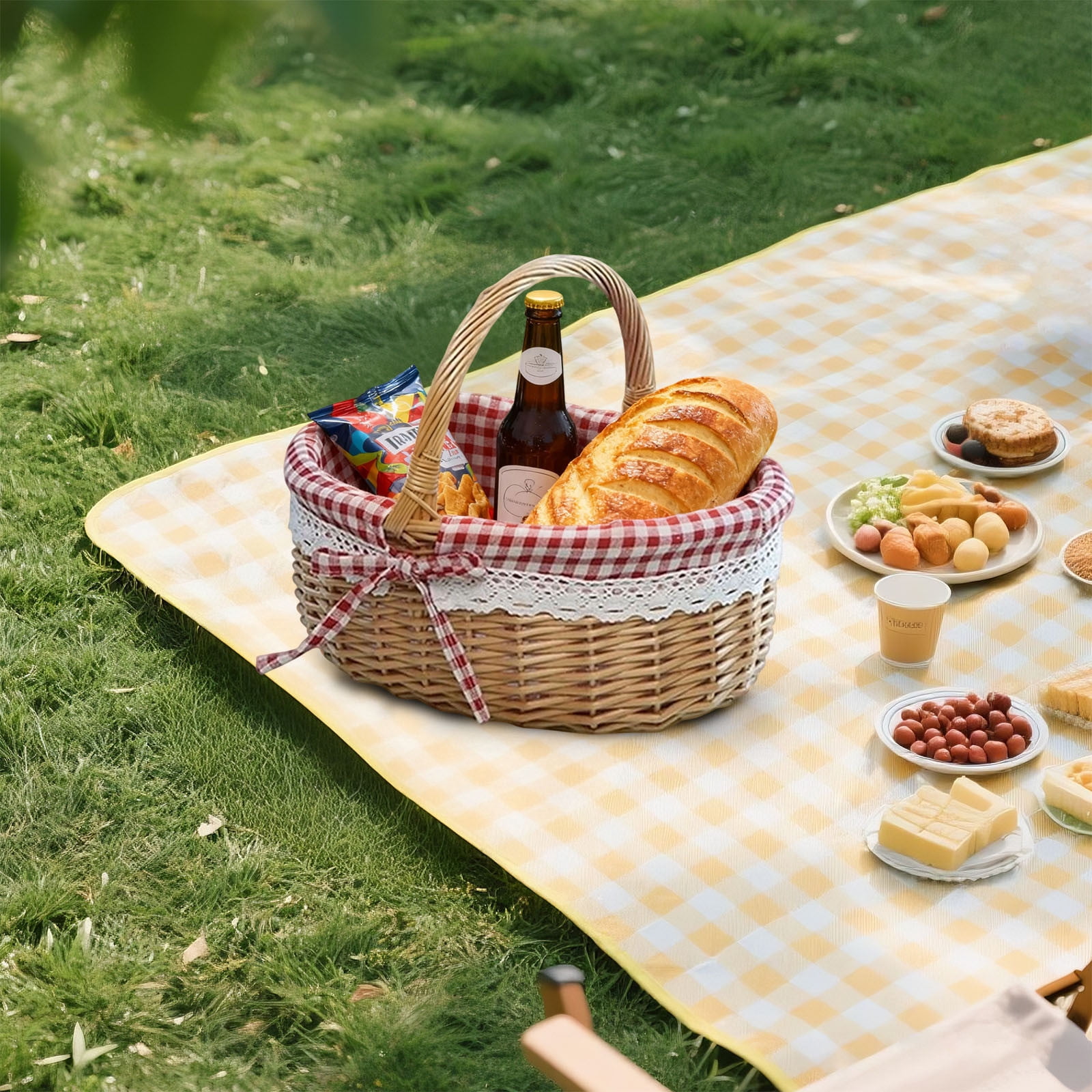 Wicker Picnic Basket with Handles and Linen Cloth Lining, Empty Baskets for Gifts, Woven Easter Basket, Willow Picnic Hamper Garden Harvest Basket, for Easter Egg Gathering, Candy, Toys Red - Image 4