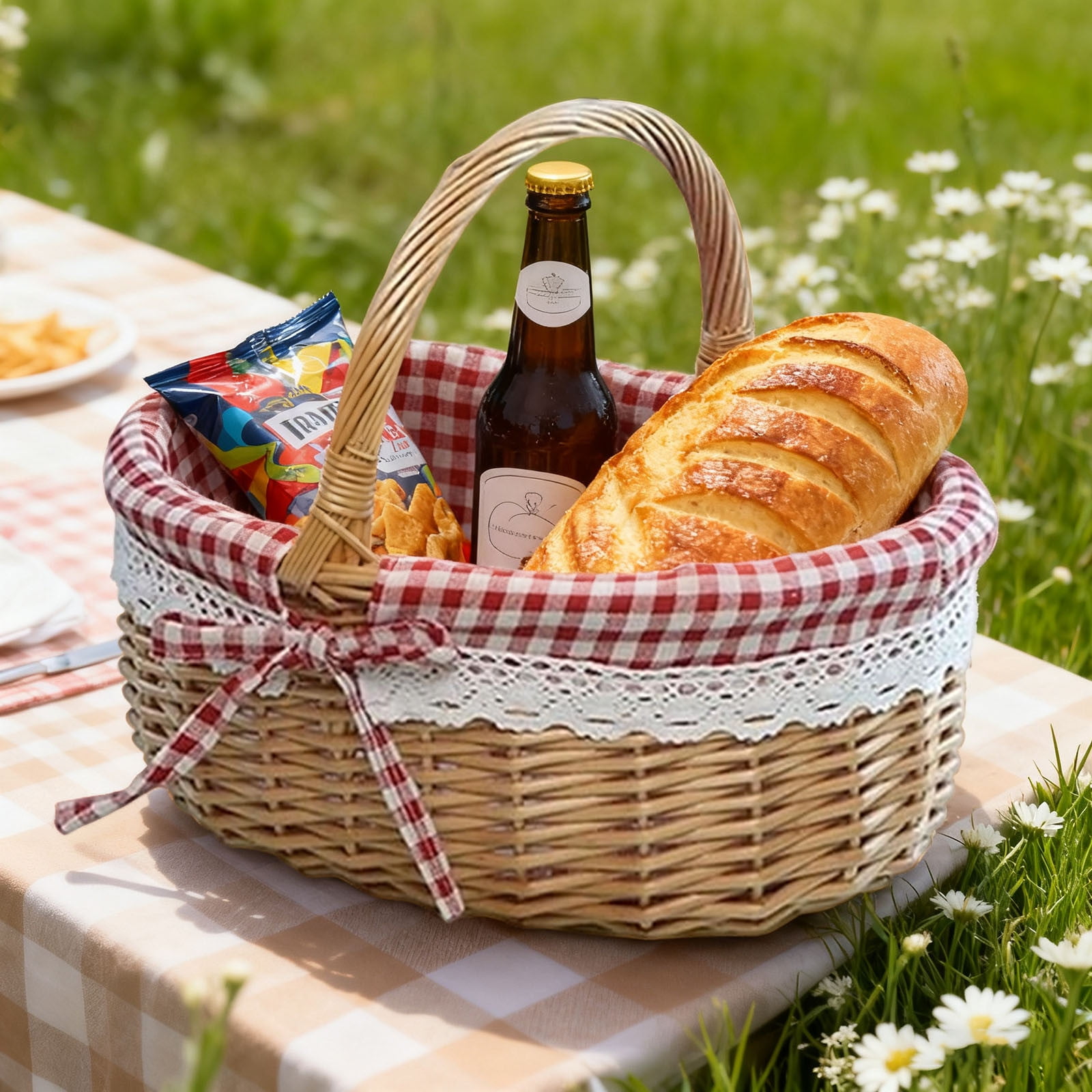 Wicker Picnic Basket with Handles and Linen Cloth Lining, Empty Baskets for Gifts, Woven Easter Basket, Willow Picnic Hamper Garden Harvest Basket, for Easter Egg Gathering, Candy, Toys Red - Image 6