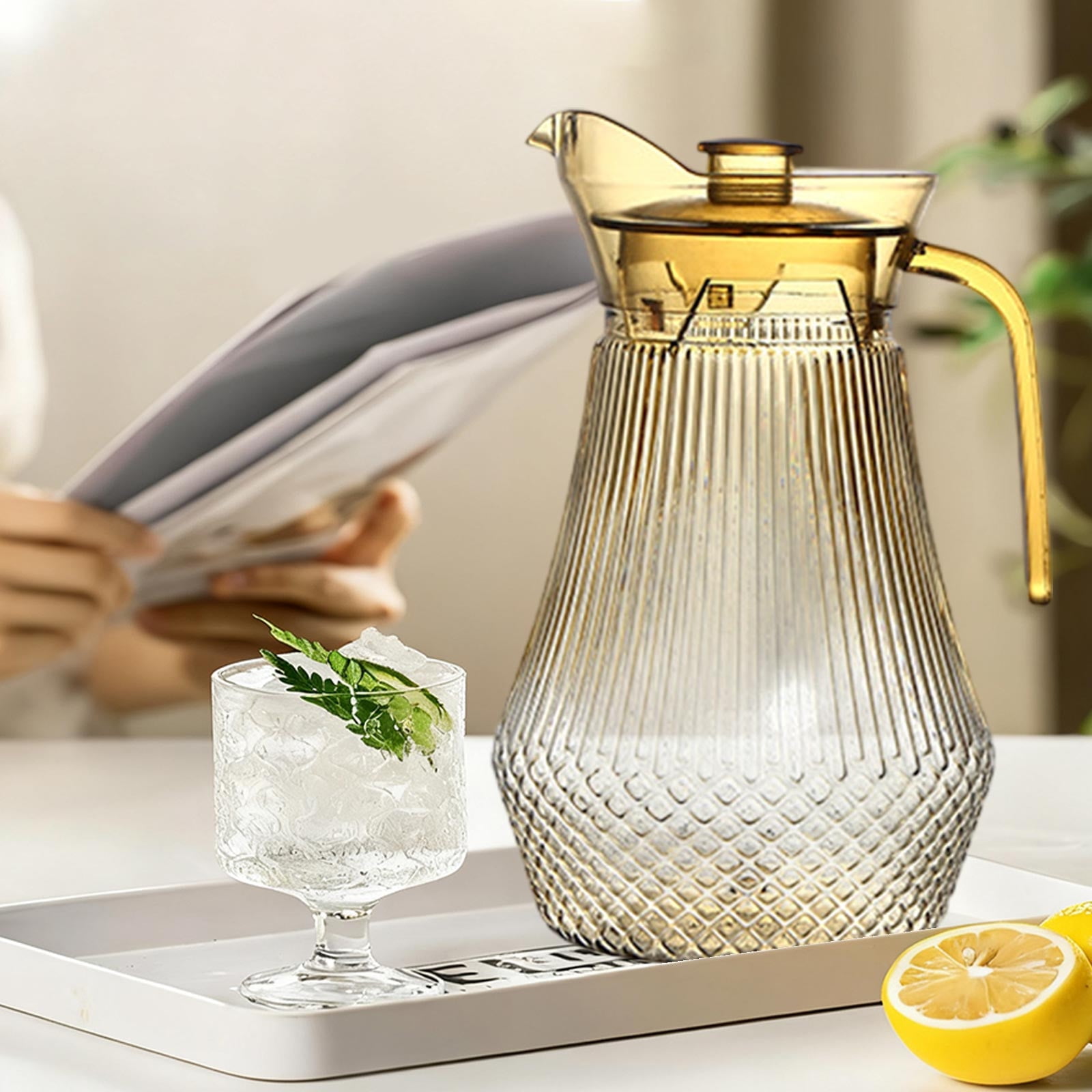 Acrylic Pitcher, Clear Plastic Water Pitchers with Lid and Spout, Iced Tea Pitcher Beverage Containers for Fridge, Juice, Sangria, Lemonade, Shatter-proof, BPA-Free Yellow - Image 1