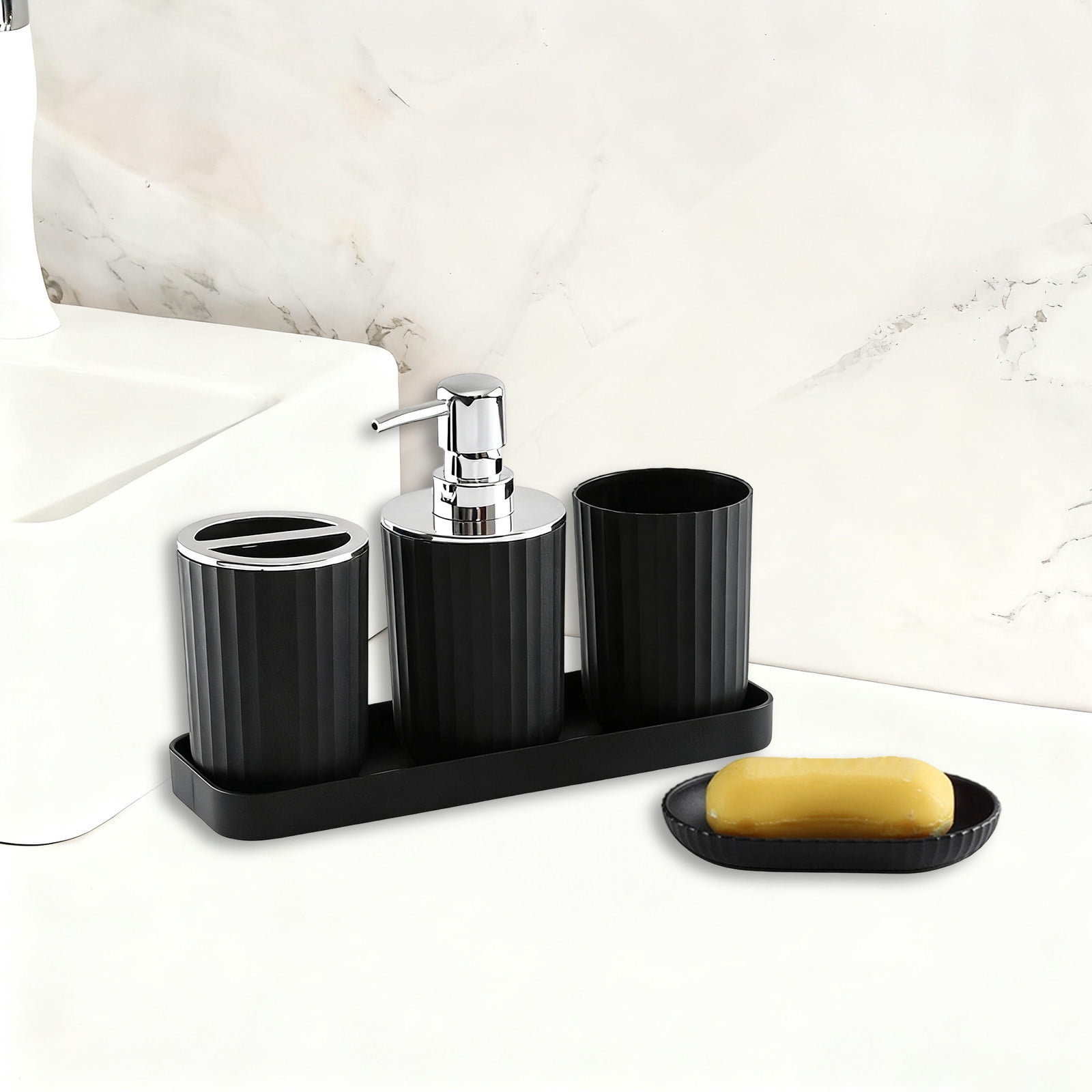 Bathroom Accessory Set of 5, Plastic Bathroom Sink Set with Soap Dispenser and Toothbrush Holder, for Bath Countertop Decoration, Contain Toothbrush Holder Set, Soap Dispenser Dish Black - Image 4