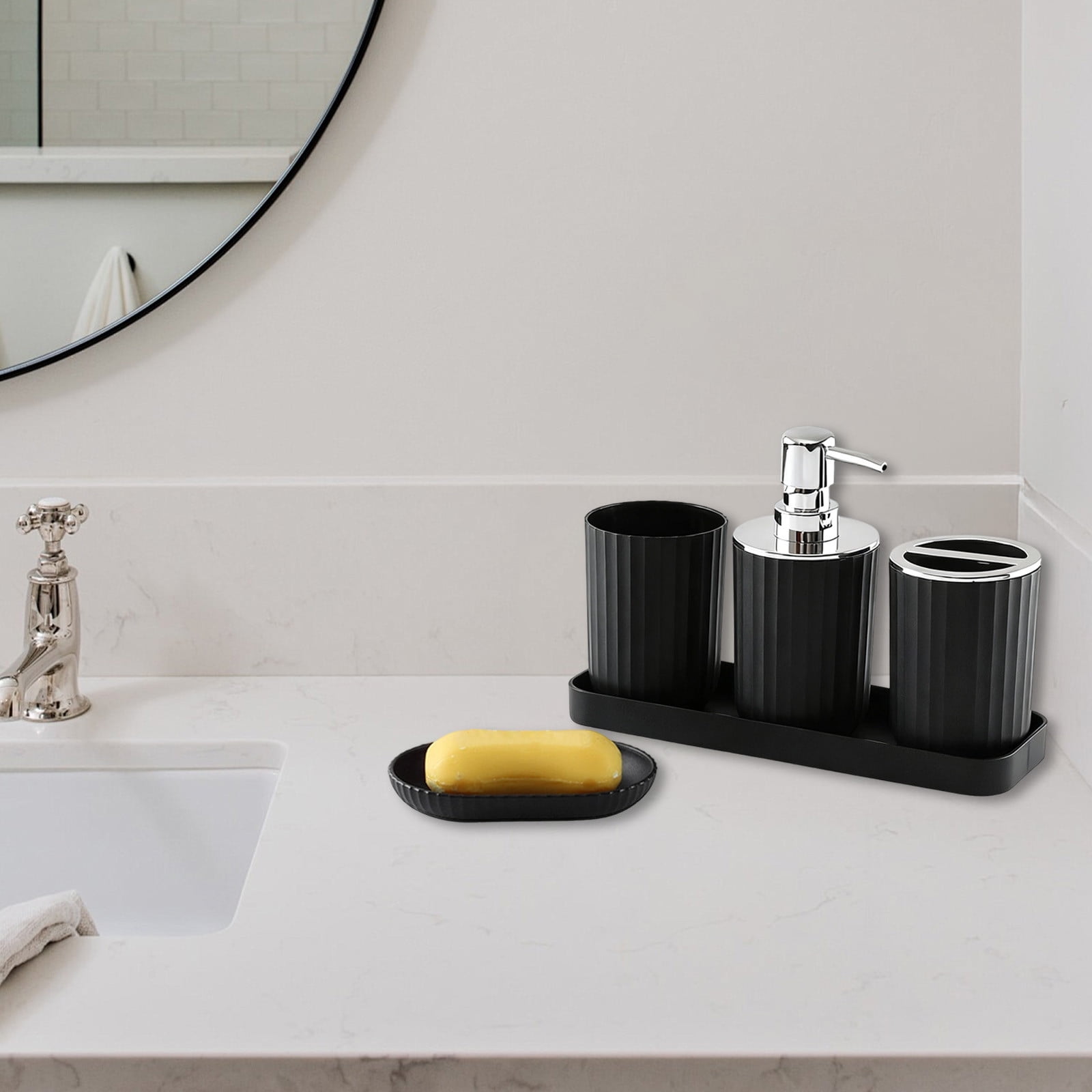 Bathroom Accessory Set of 5, Plastic Bathroom Sink Set with Soap Dispenser and Toothbrush Holder, for Bath Countertop Decoration, Contain Toothbrush Holder Set, Soap Dispenser Dish Gray - Image 1