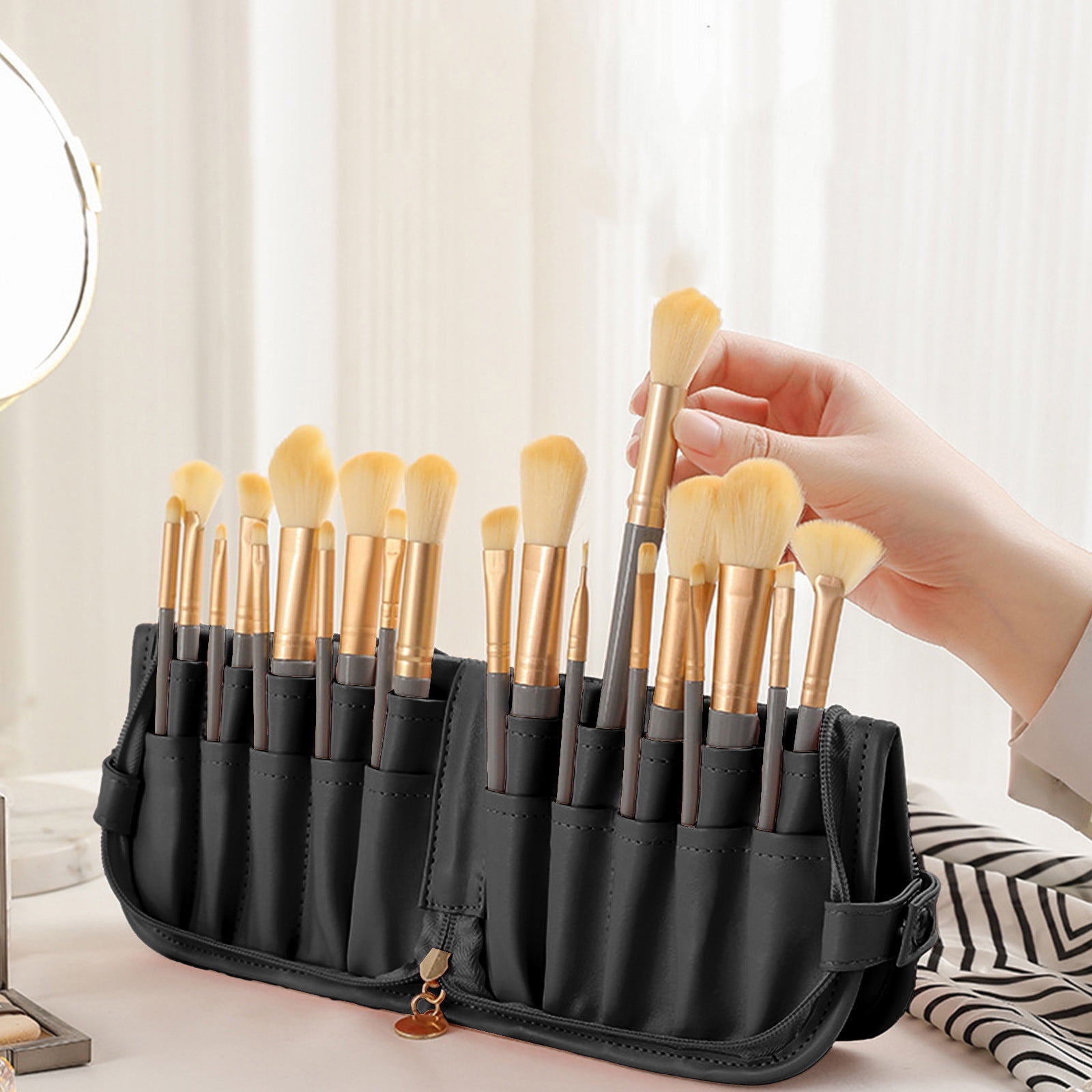 Makeup Brush Bag, Waterproof Stand-Up Makeup Brush Holder Organizer, Travel Make up Brush Pouch Cosmetic Bags, Painting and Makeup Bag, Large Capacity Makeup Brush Storage Bag Black - Image 1