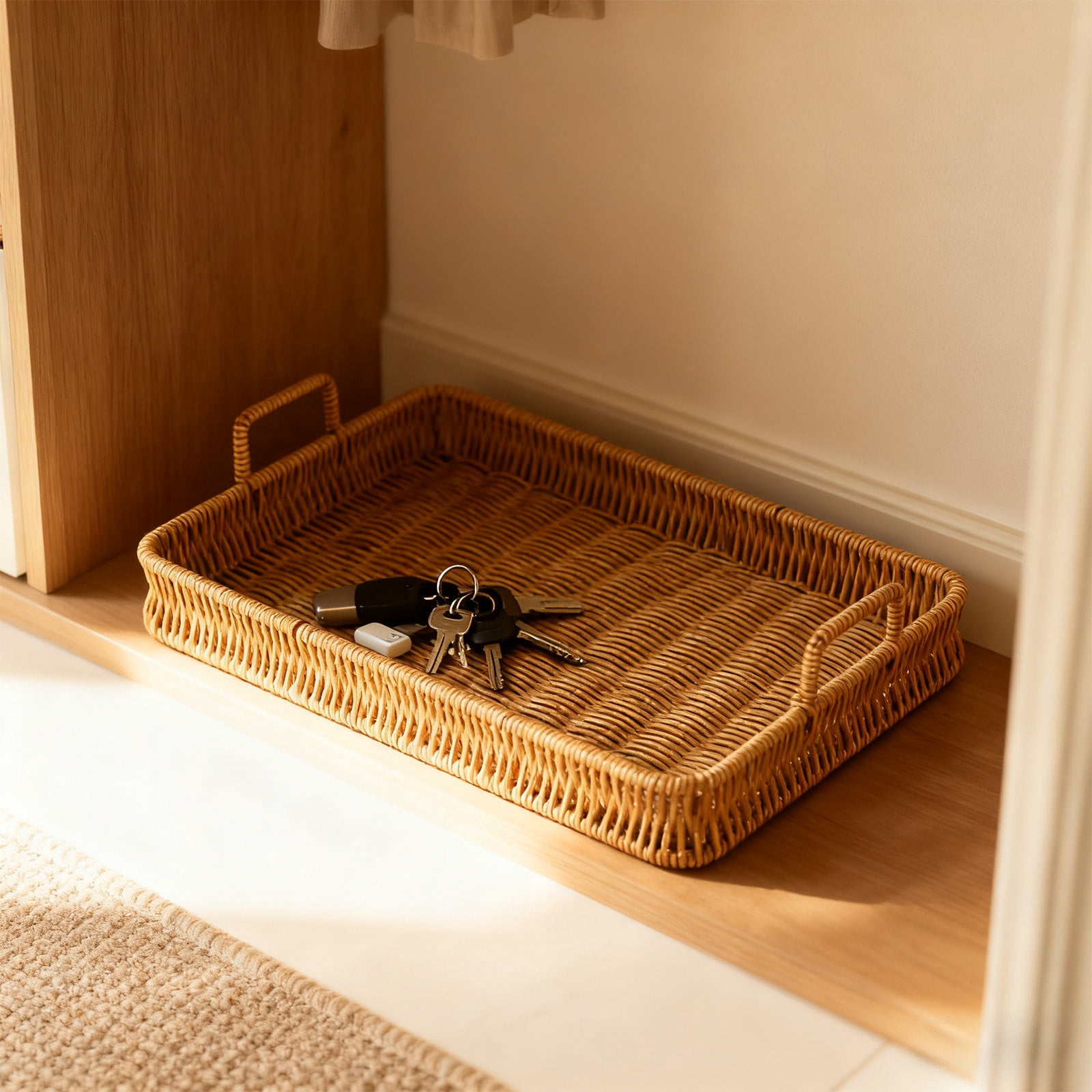 Woven Serving Tray with Handles, Handmade Poly Wicker Tray for Storage Breakfast, Drinks, Fruits, Rectangular Basket Organizer Platters, for Coffee Table Centerpiece Decor Brown,L - Image 4