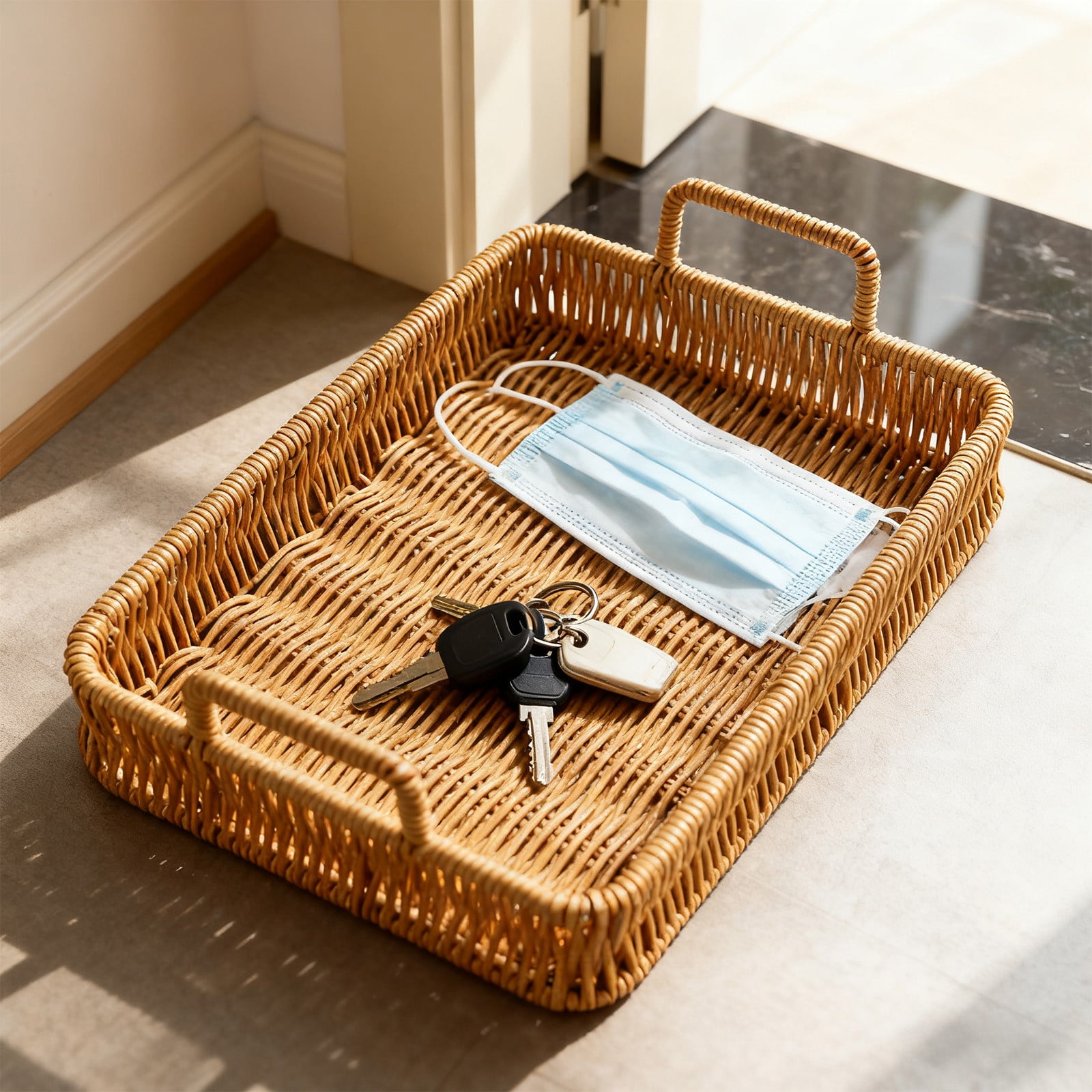 Woven Serving Tray with Handles, Handmade Poly Wicker Tray for Storage Breakfast, Drinks, Fruits, Rectangular Basket Organizer Platters, for Coffee Table Centerpiece Decor Brown,L - Image 5