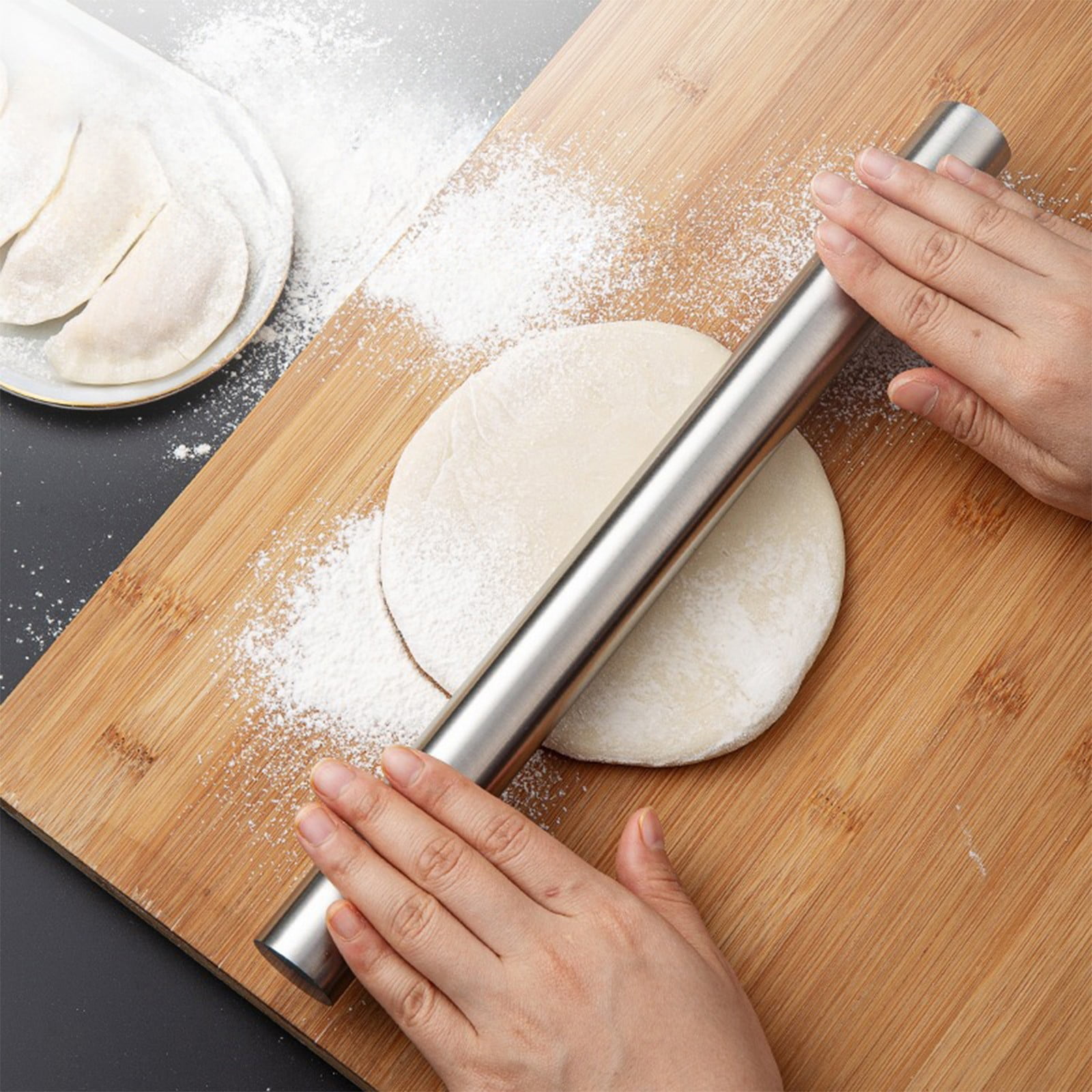 Rolling Pin, Baking Dough Roller, Rolling Pin, Stainless Steel Rolling Pin, Dough Rollers, for Baking Kitchen Utensils, for Dumpling, Tortilla, Pizza, Pie, Bread, Pastry Silver,L - Image 1