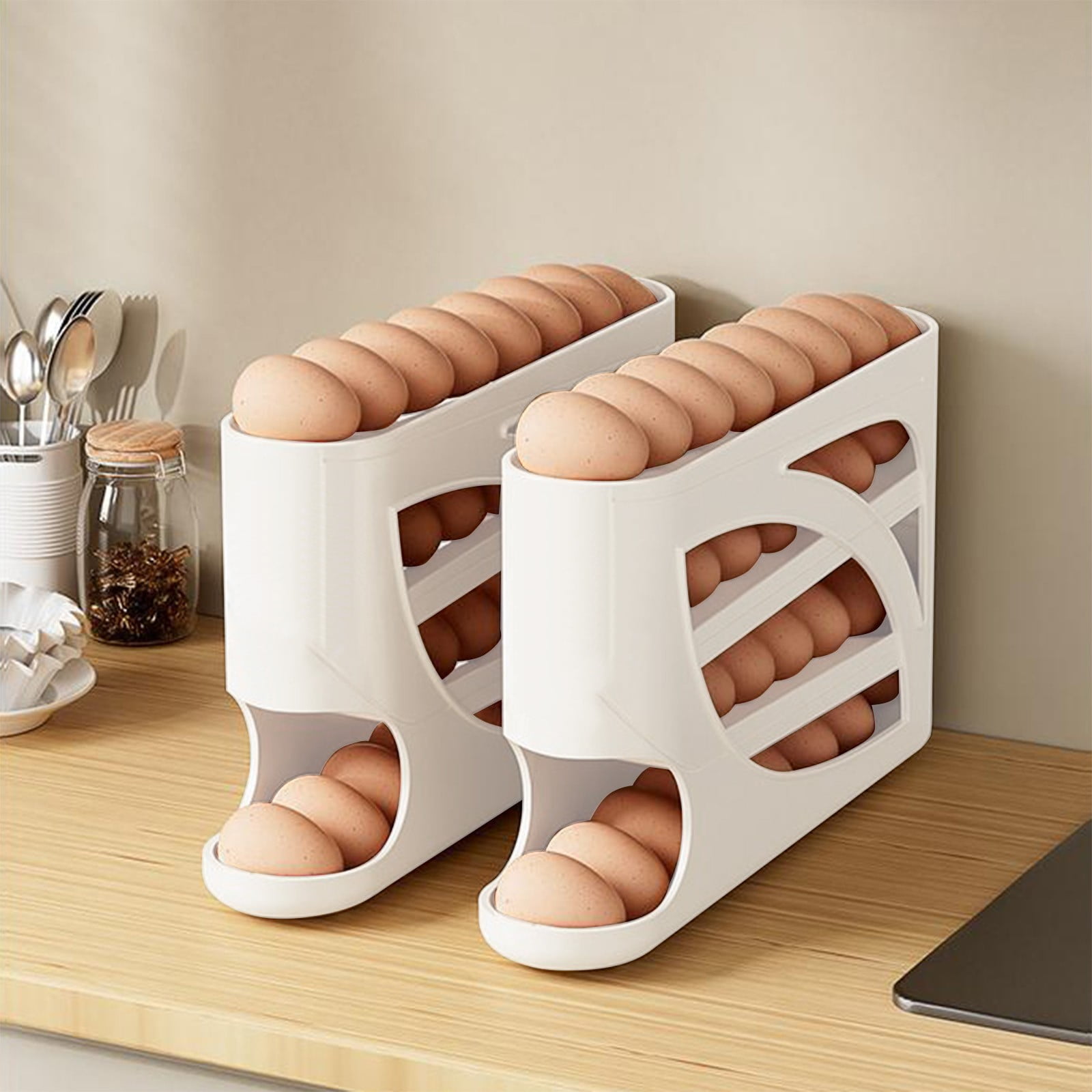 4 Tiers Egg Holder for Fridge, Automatic Scrolling Egg Rack Holder, Space-Saving Egg Dispenser Holder, Large Capacity Eggs Organizer Storage 30 Eggs for Fridge White - Image 4