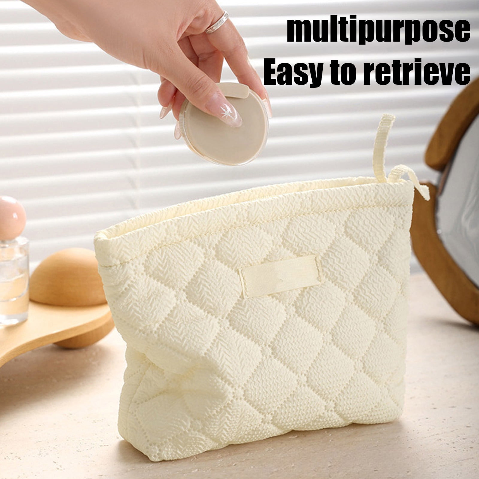 Floral Makeup Bag, Quilted Makeup Bag, Zipper Pouch, Purse Travel Make Up Organizer for Women Cosmetic, Portable Cosmetic Bag, Large Capacity Pencil Case, for Travel, Camping Beige - Image 4