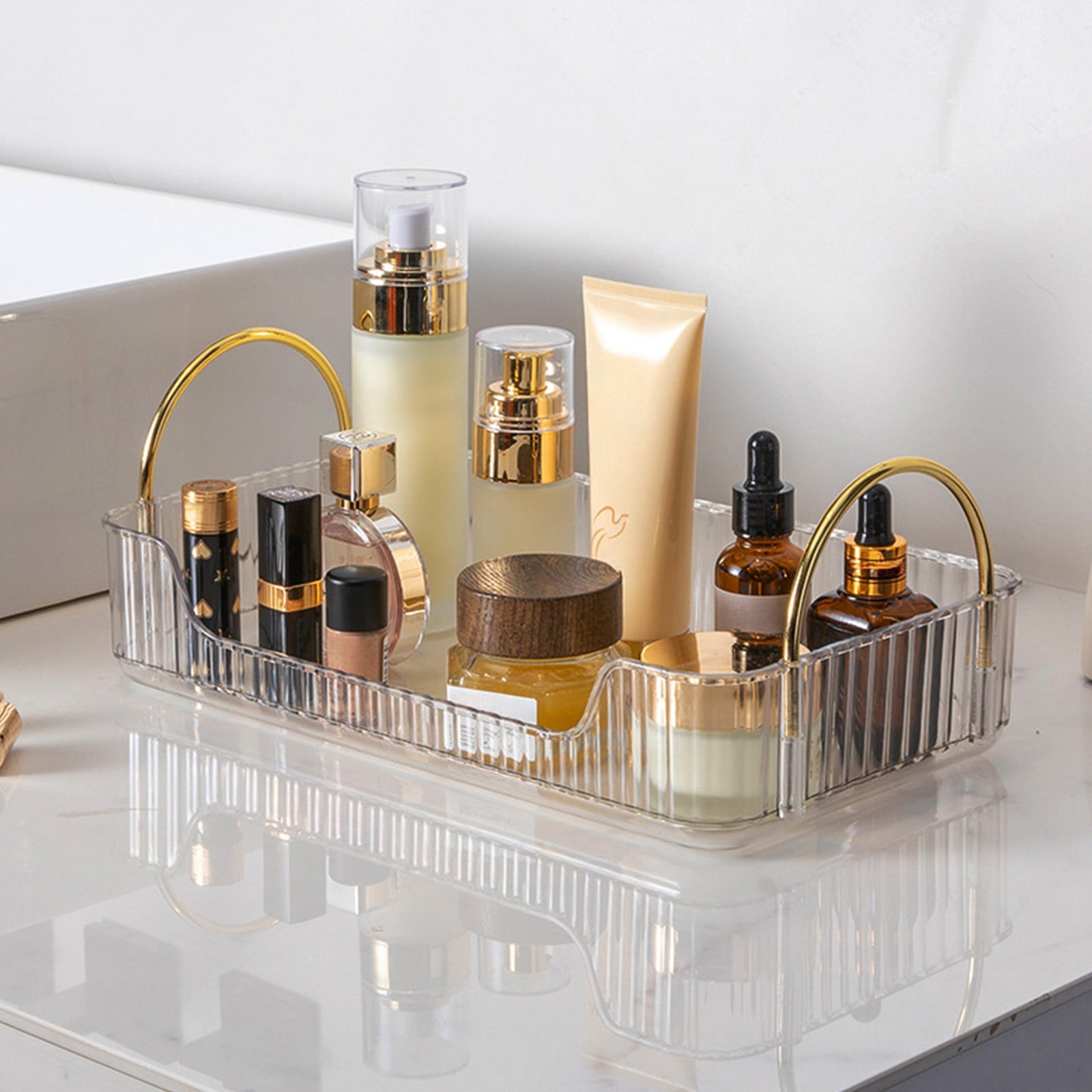 Bathroom Organizer Countertop, Vanity Tray for Skincare Makeup, Counter Organizer, Transparent Ribbon Handle Storage Rack, for Cosmetics, Toiletries, Lotions, Perfumes Clear - Image 1
