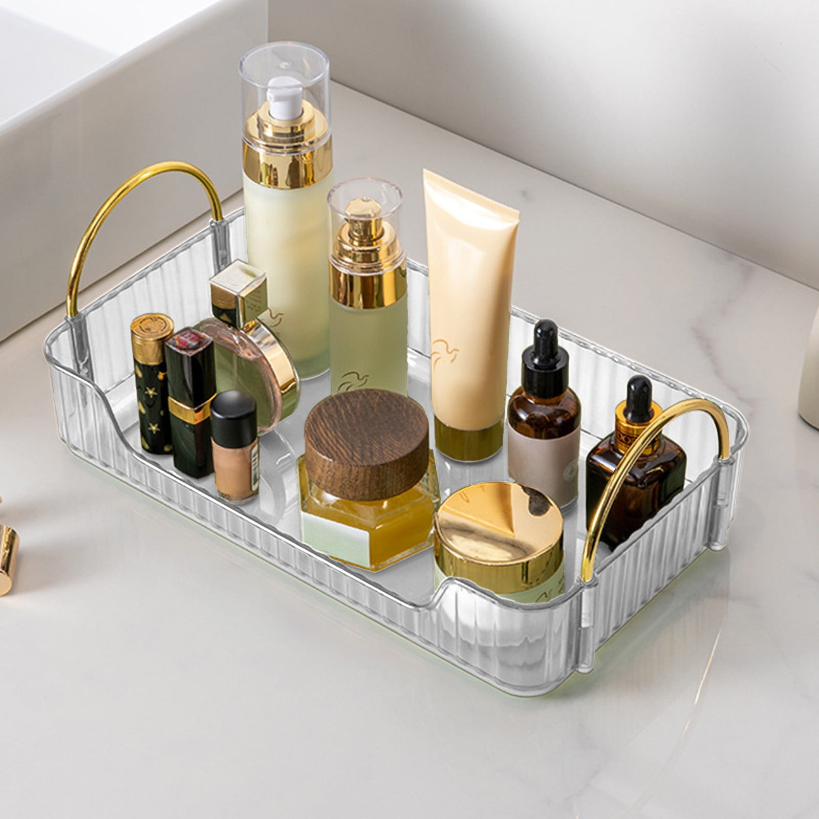 Bathroom Organizer Countertop, Vanity Tray for Skincare Makeup, Counter Organizer, Transparent Ribbon Handle Storage Rack, for Cosmetics, Toiletries, Lotions, Perfumes Clear - Image 4