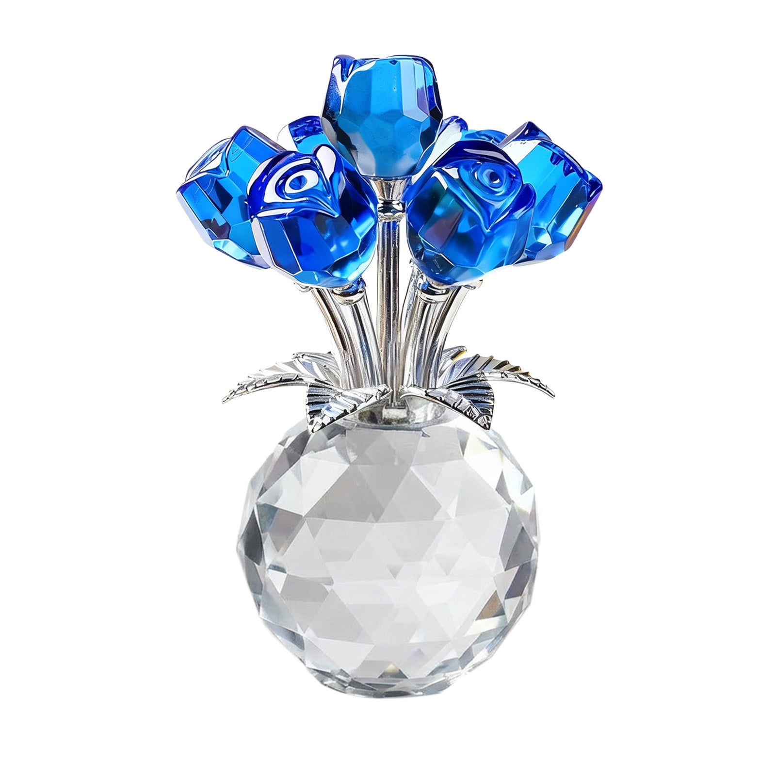 Clear Roses Bouquet Figurines, Glass Rose Flowers with Round Vase, Transparent Bouquet for Home Birthday Party Wedding Valentines Day Mother's Day Blue - Image 1