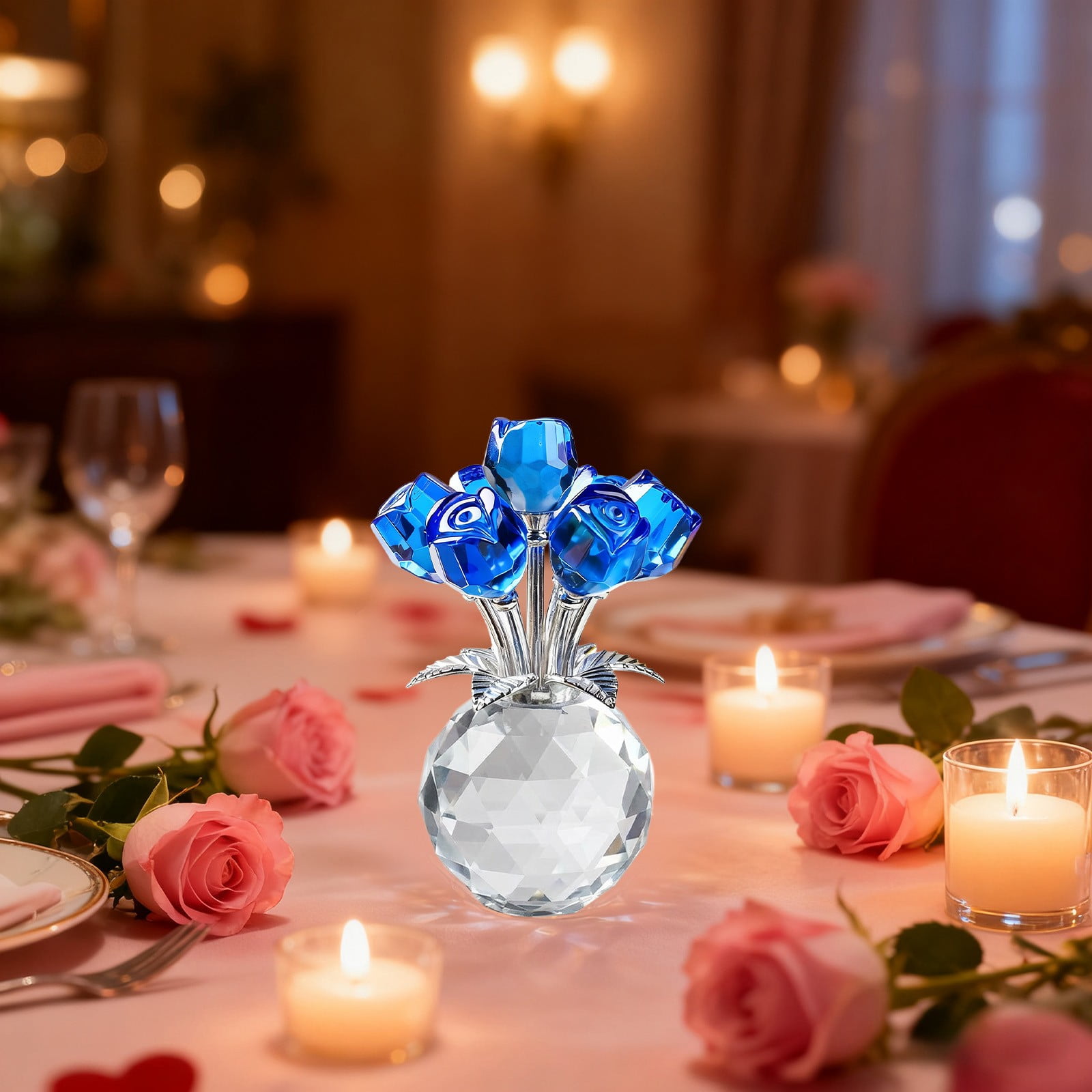 Clear Roses Bouquet Figurines, Glass Rose Flowers with Round Vase, Transparent Bouquet for Home Birthday Party Wedding Valentines Day Mother's Day Blue - Image 3