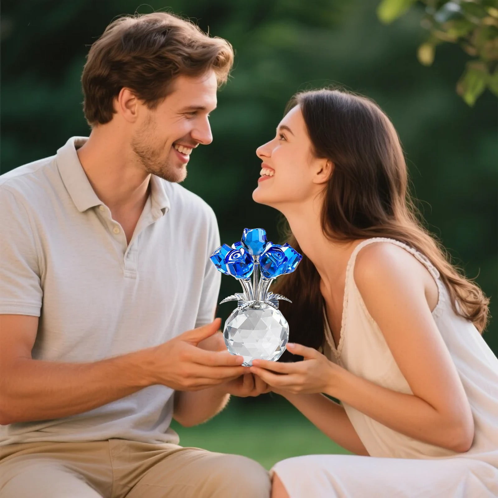 Clear Roses Bouquet Figurines, Glass Rose Flowers with Round Vase, Transparent Bouquet for Home Birthday Party Wedding Valentines Day Mother's Day Blue - Image 4