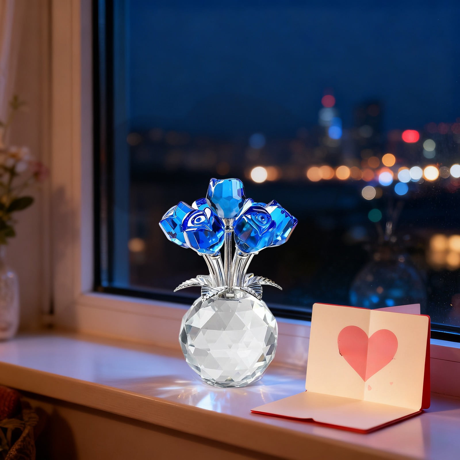 Clear Roses Bouquet Figurines, Glass Rose Flowers with Round Vase, Transparent Bouquet for Home Birthday Party Wedding Valentines Day Mother's Day Blue - Image 5