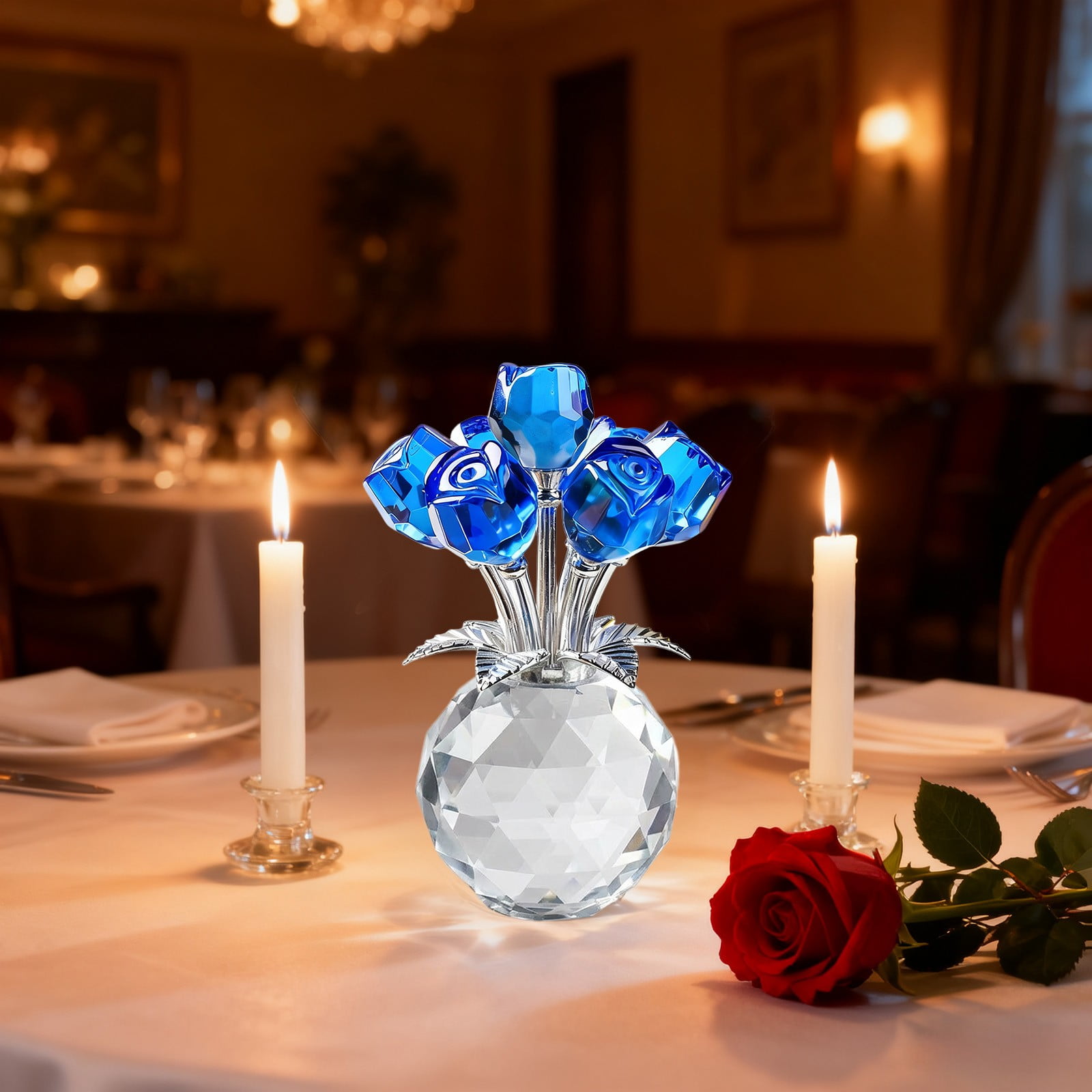 Clear Roses Bouquet Figurines, Glass Rose Flowers with Round Vase, Transparent Bouquet for Home Birthday Party Wedding Valentines Day Mother's Day Blue - Image 6