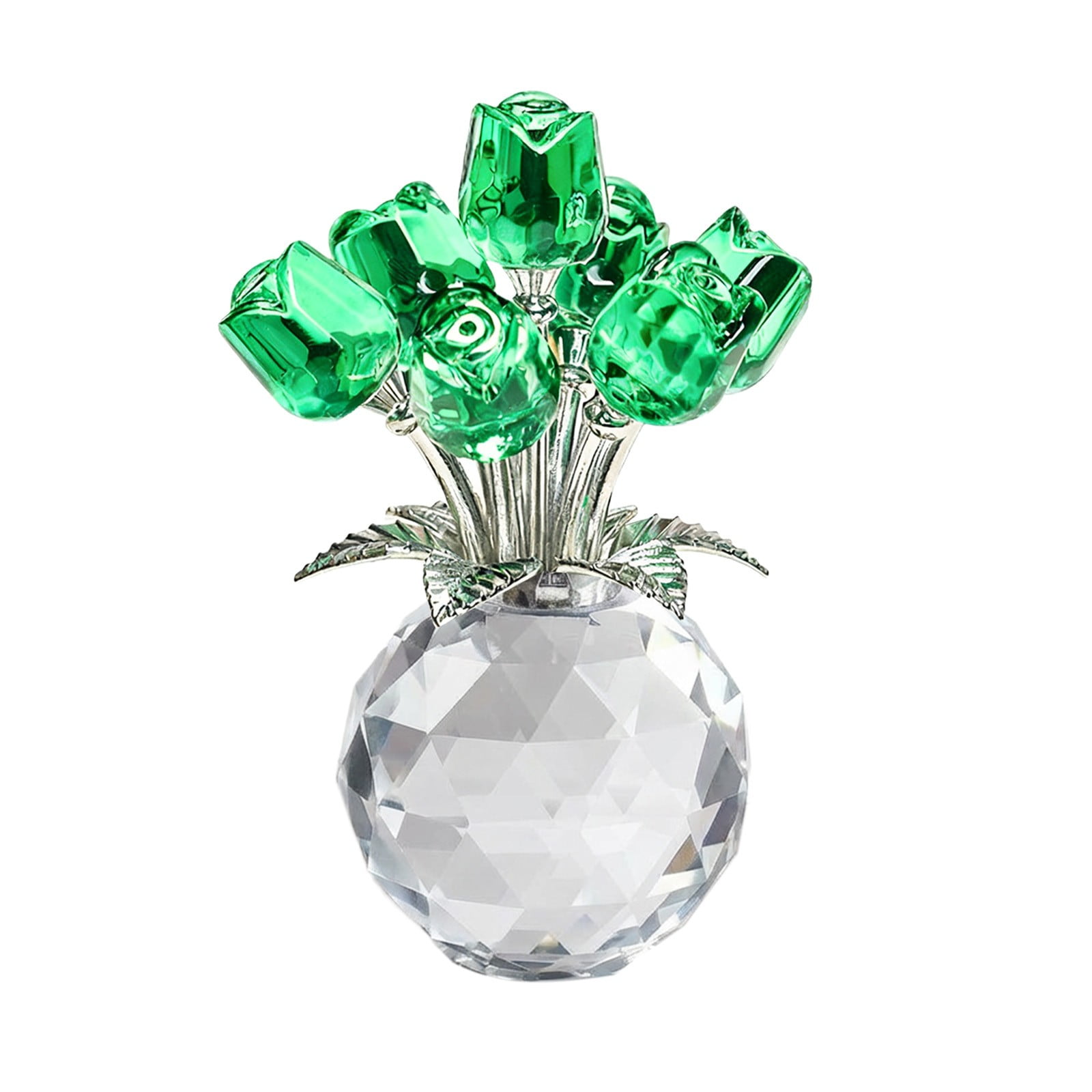Clear Roses Bouquet Figurines, Glass Rose Flowers with Round Vase, Transparent Bouquet for Home Birthday Party Wedding Valentines Day Mother's Day Green - Image 1